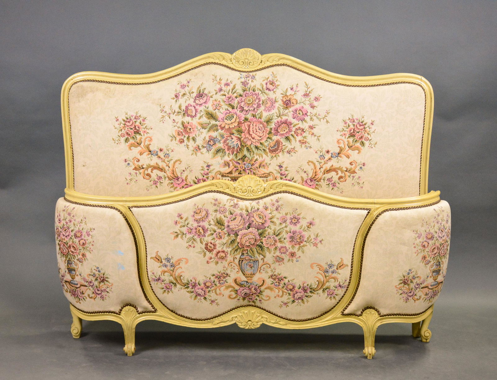 Louis XV Style Painted Floral Upholstered Bed (1 of 4)
