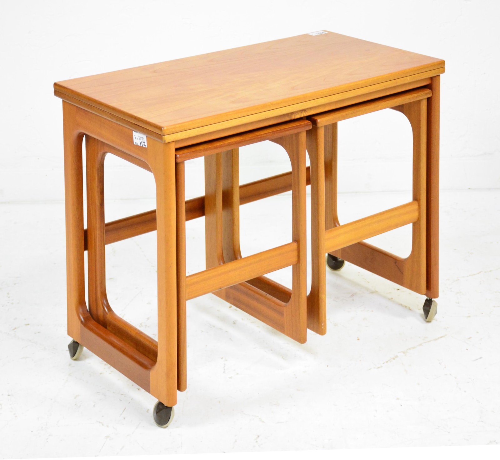 Mid Century Triform Flip Top Nest By McIntosh: Danish Modern Style Teak Triform Flip Top Nest by McIntosh - 25 tall x 30 x 17