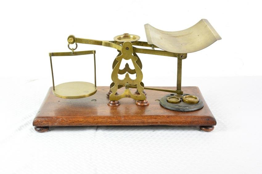 Brass Scale With Weights on Oak Base (1 of 3)