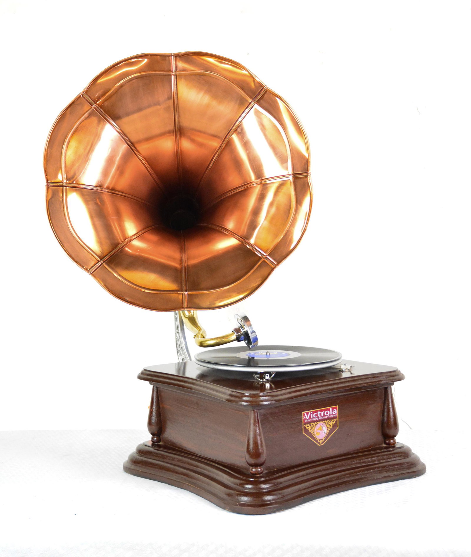 Victrola / Grammophone With Copper Horn: Victrola / Grammophone with Copper Horn - 29 in tall x 18 x 16
