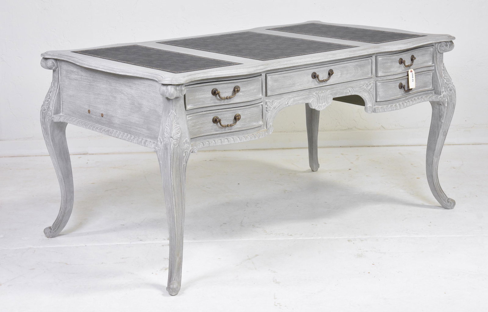 Grey Painted Leather Top Desk: New Item, Grey Painted Leather Top Desk - 32 in tall x 65 x 37