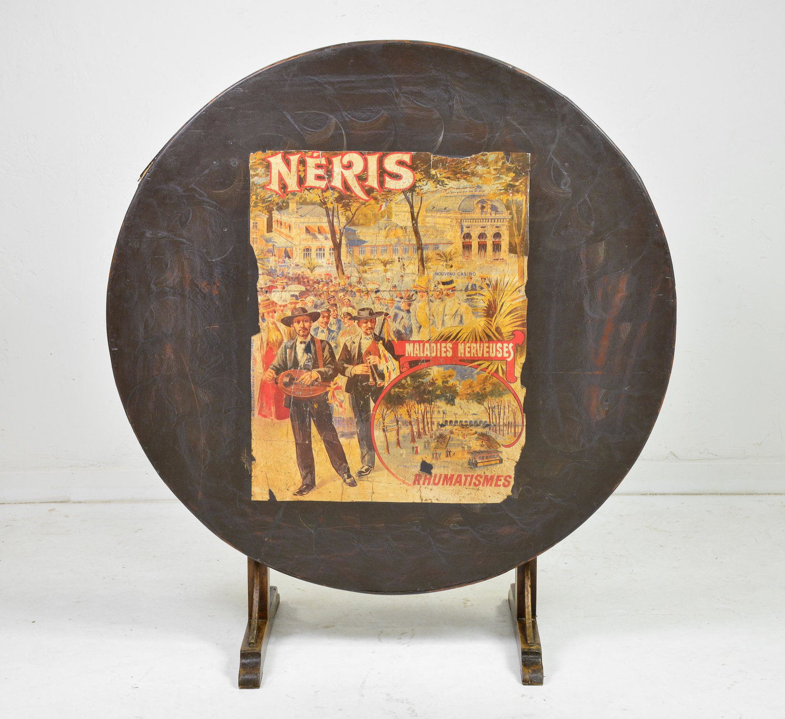 Painted Decoupage French Vendange Wine Tasting Table: Painted Decoupage French Vendange Wine Tasting Table - 29 in tall as a table 51 in tall when standing - 45 in round