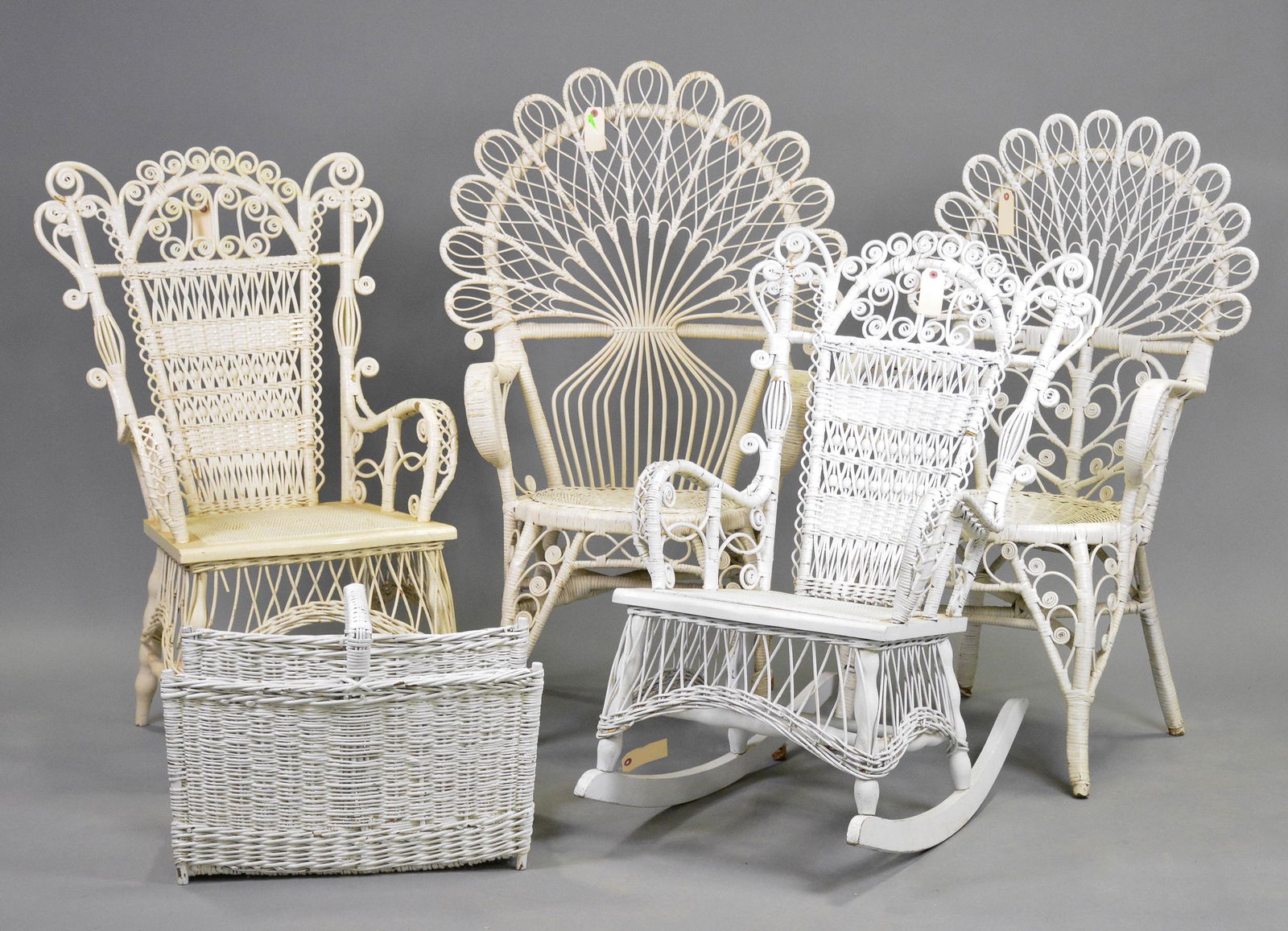 6pcs Assorted White Wicker Chairs & Basket (1 of 6)