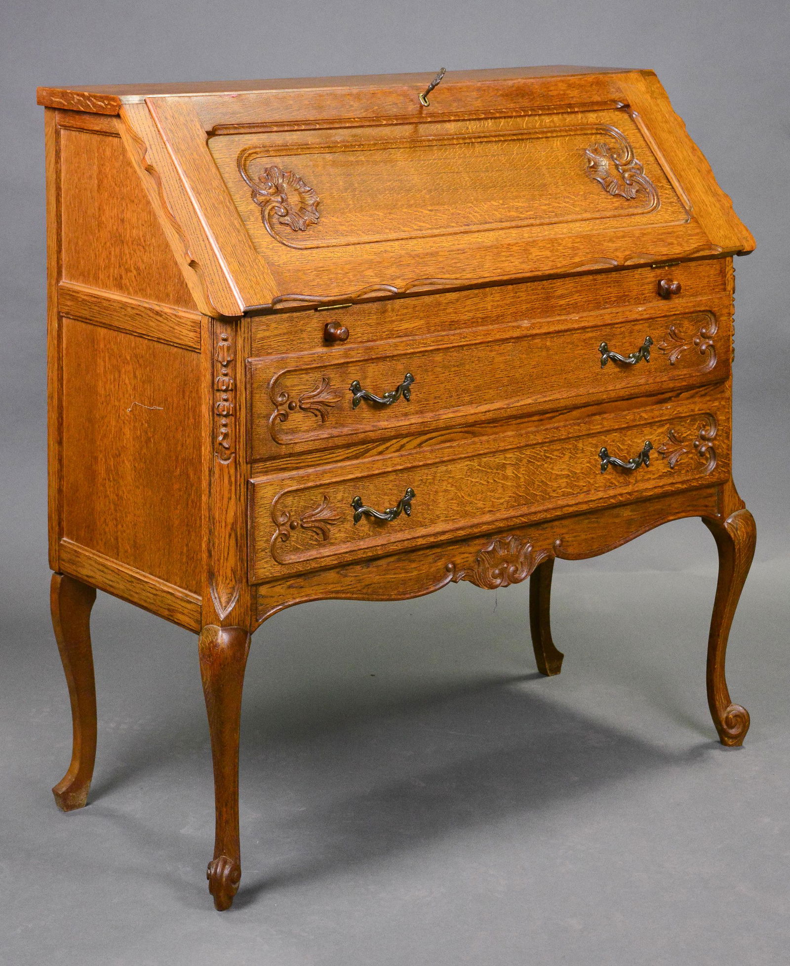 Country French Carved Oak Bureau / Drop Front Desk (1 of 5)