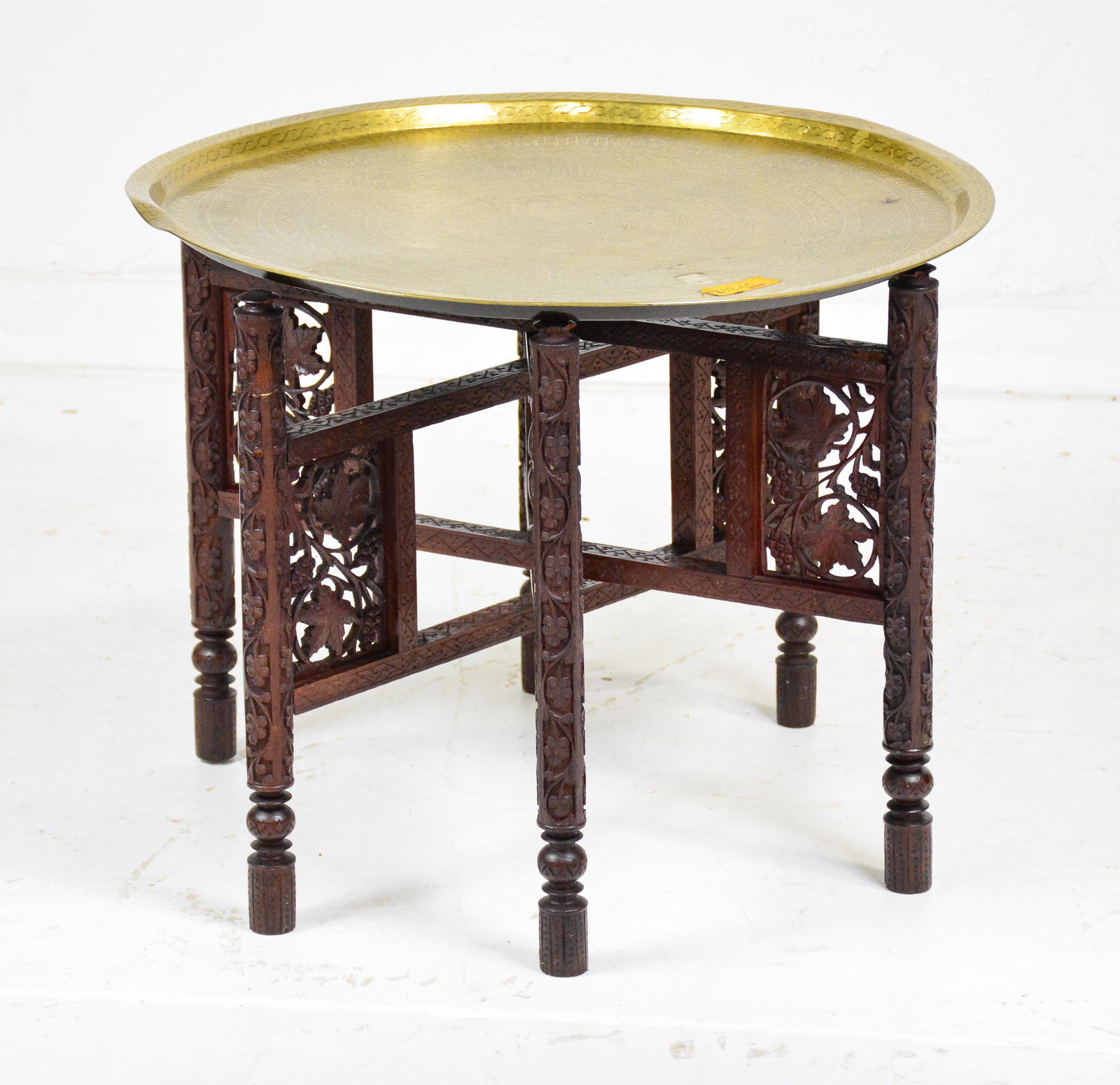 Round Brass Top Carved Oak Base Coffee Table (1 of 4)