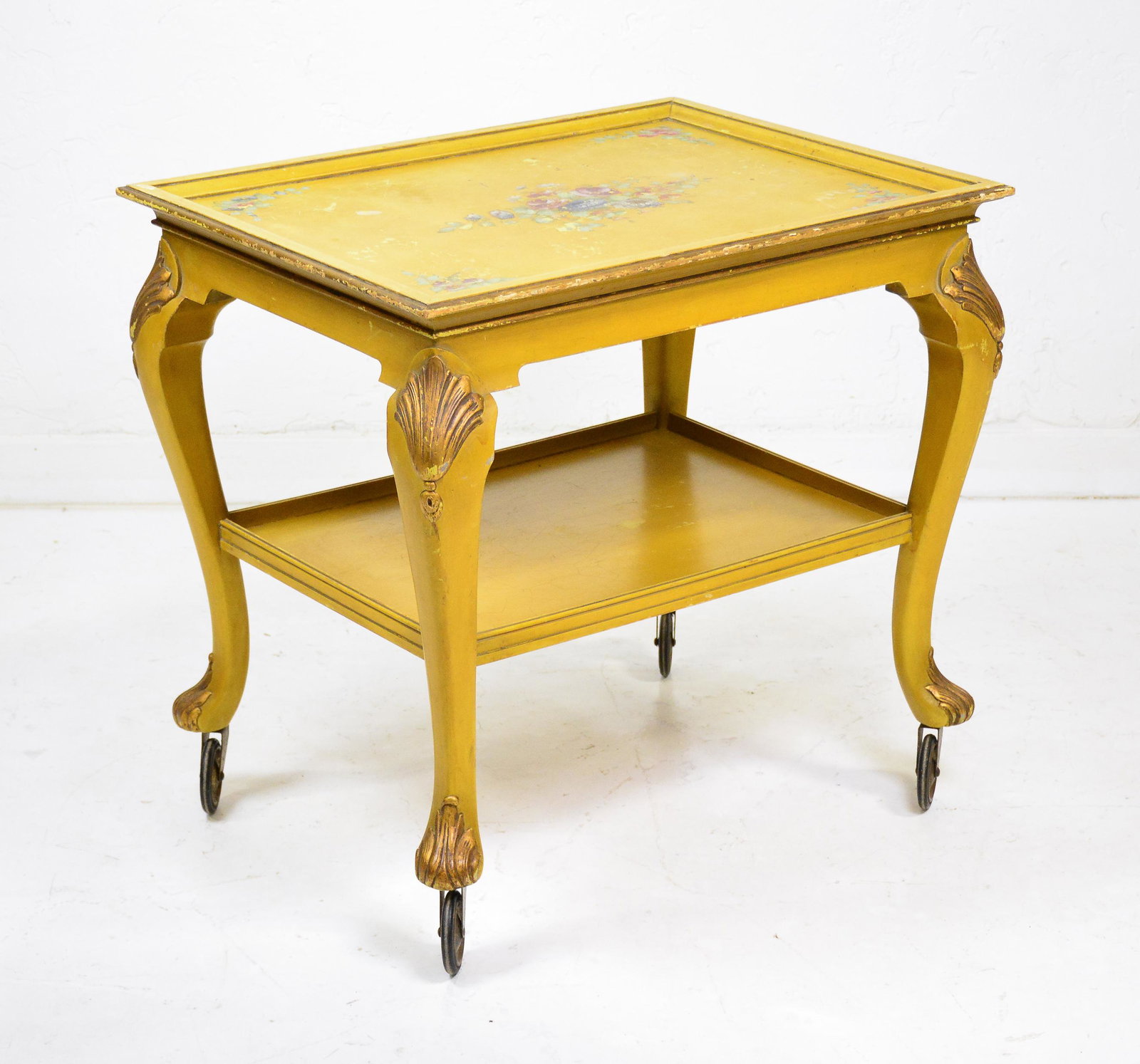 Two Tier Yellow / Floral Painted Trolly / Cart: Two Tier Yellow / Floral Painted Trolly / Cart - 26 in tall x 28 x 22