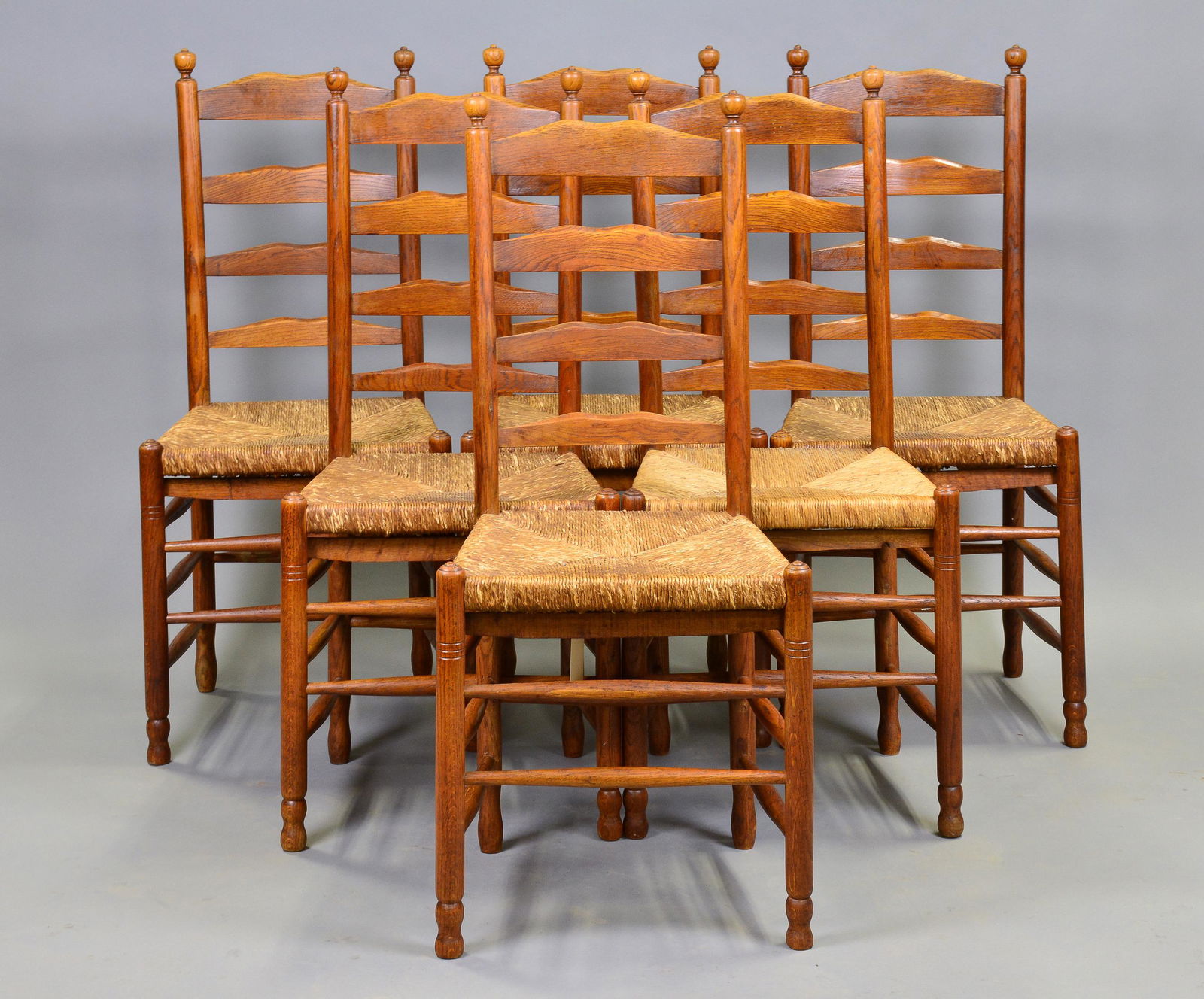 Set Of 6 Oak Ladder Back Rush Seat Chairs (1 of 3)