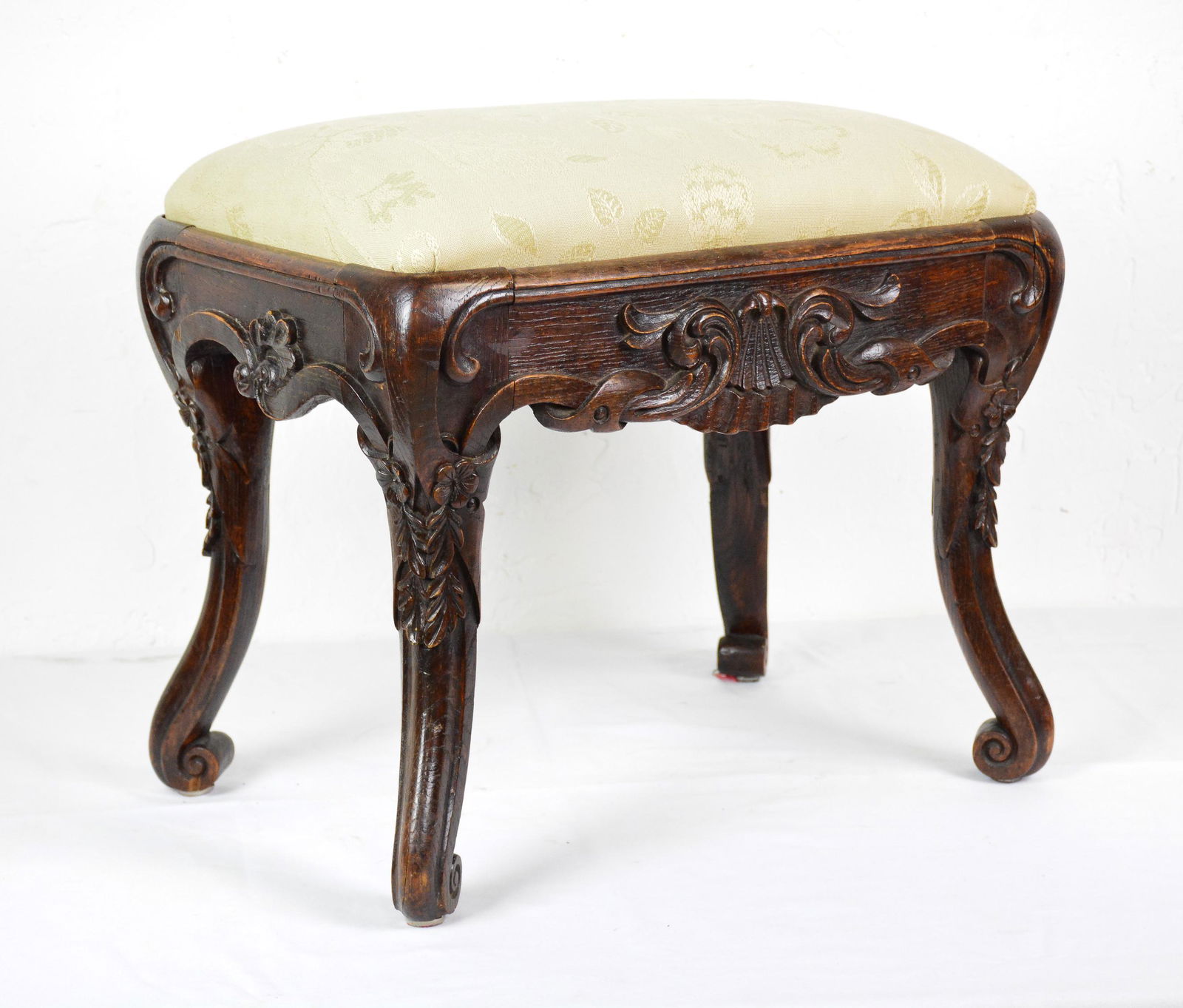 Carved Oak Upholstered Stool (1 of 2)