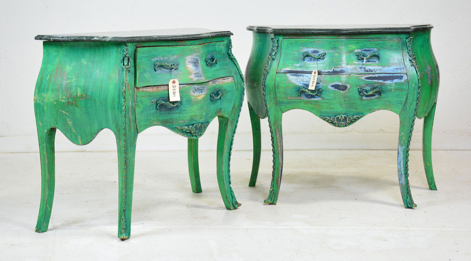 Pair Painted Base 2 Drawer Marble Top Chests (1 of 4)