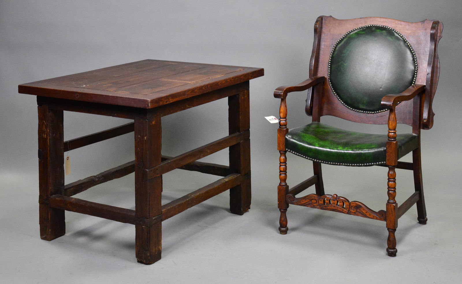 Small Oak Table & Green Leather Chair Table (1 of 4)
