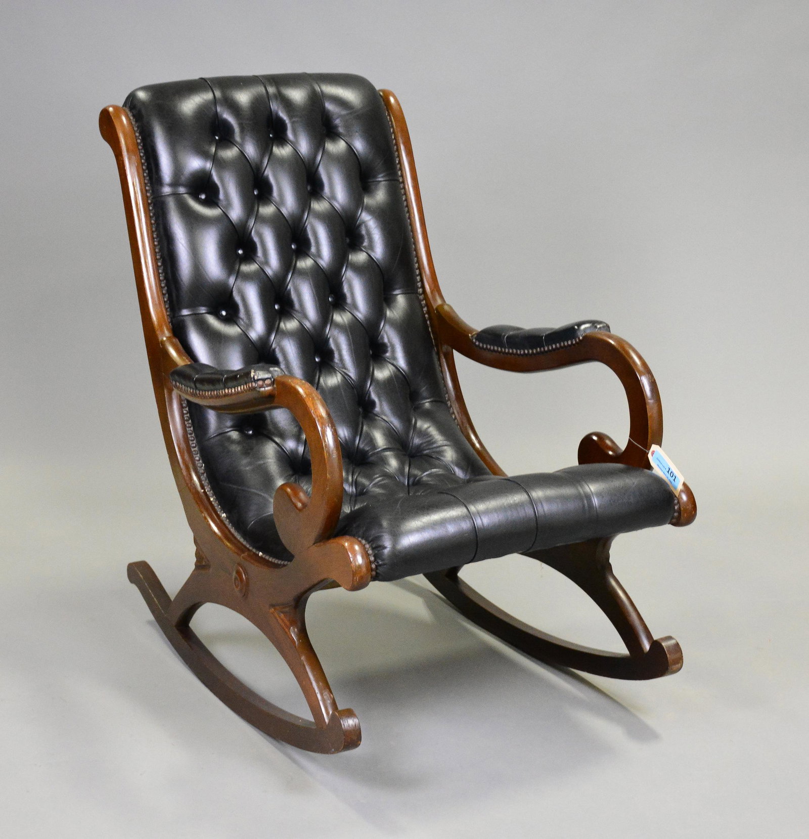 Black Leather Chesterfield Rocking Chair: Mid Century Black Leather Button Tufted Rocker - 36 in tall x 34 x 24
