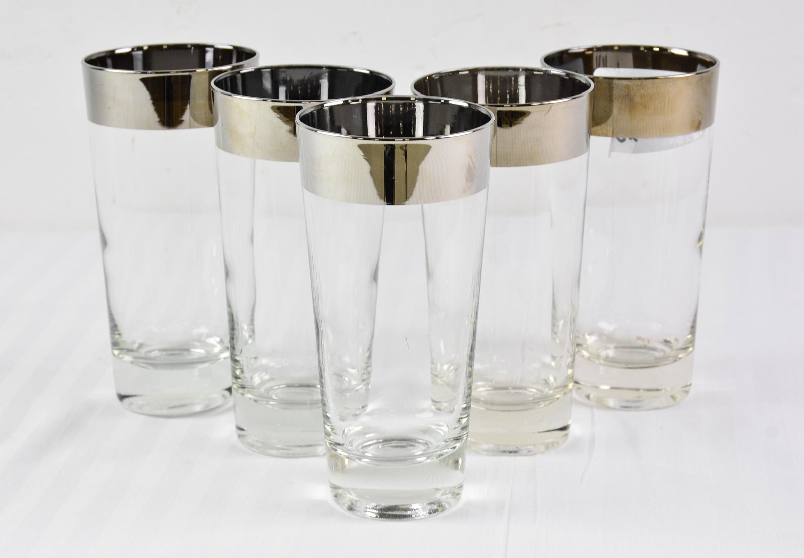 5 Vintage Silver Rimmed Highball Glasses: 5 Vintage Silver Rimmed Highball Glasses - Similar to Dorothy Thorpe - 6 in tall x 3