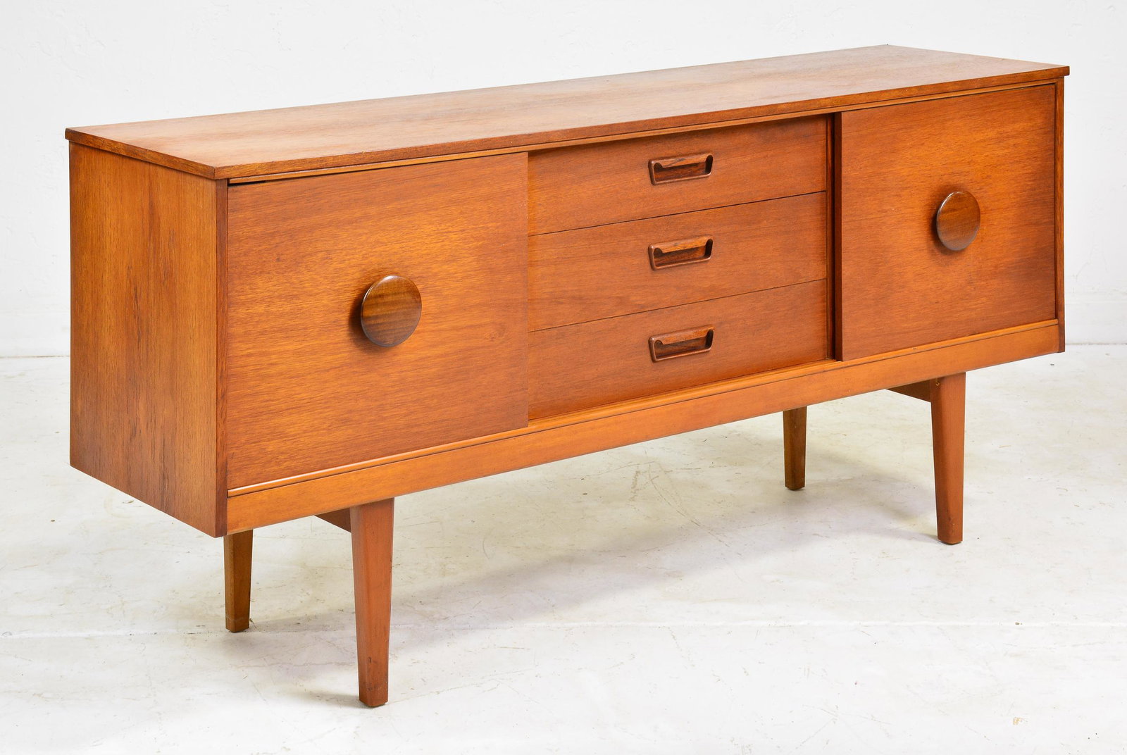 Mid Century Modern Sideboard - Sliding Doors: Danish Modern Style Teak Credenza - British in Origin - 29 in tall x 61 x 17