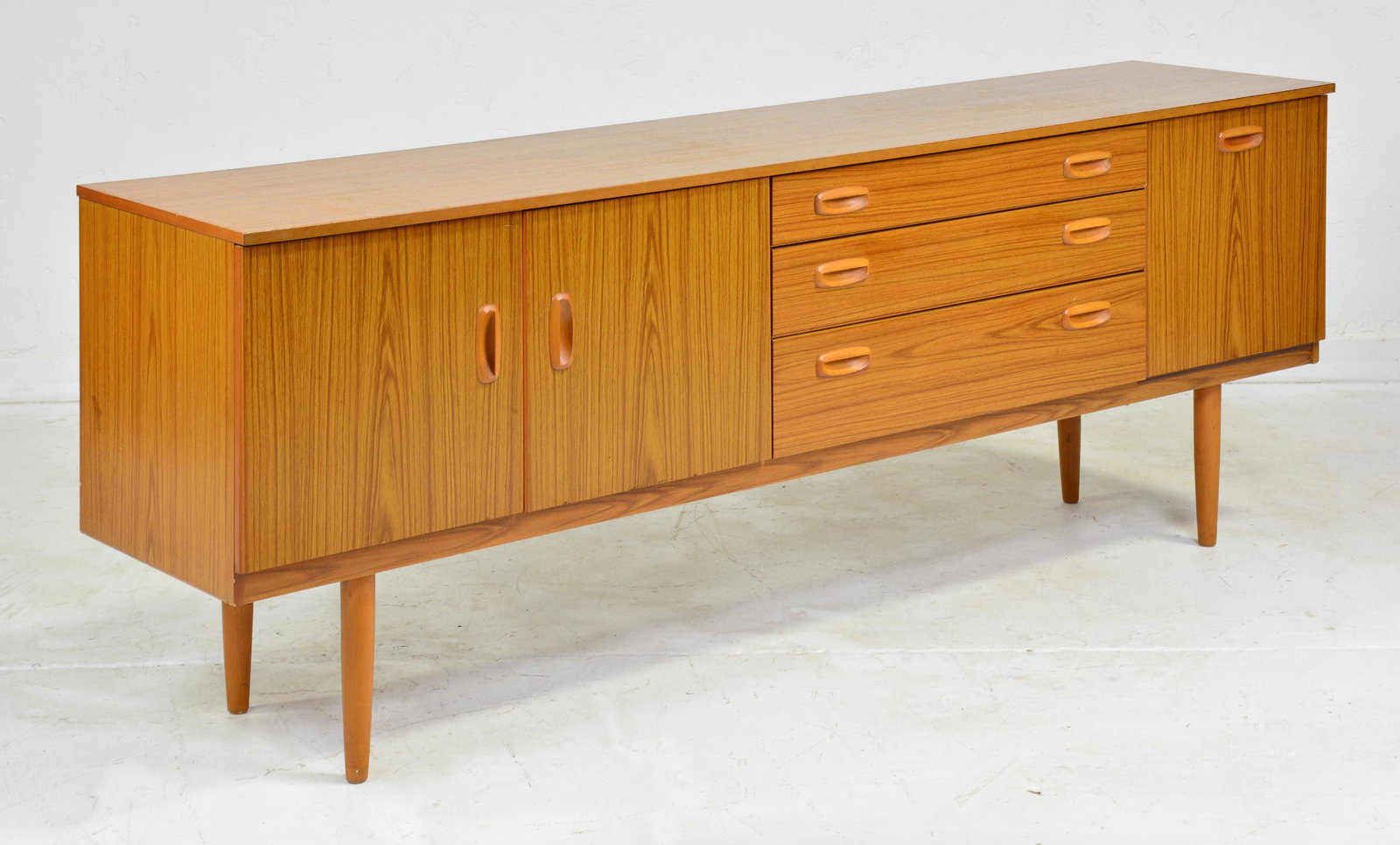 Mid Century Modern Sideboard: Danish Modern Style Credenza from England by Schreiber - 29 in tall x 78 x 17