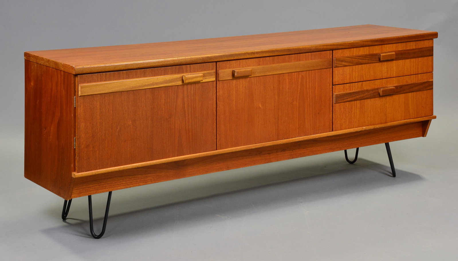 Mid Century Modern Sideboard on Hair Pin Legs: Danish Modern Style Teak Credenza on Pin Legs - 27 in tall x 72 x 18