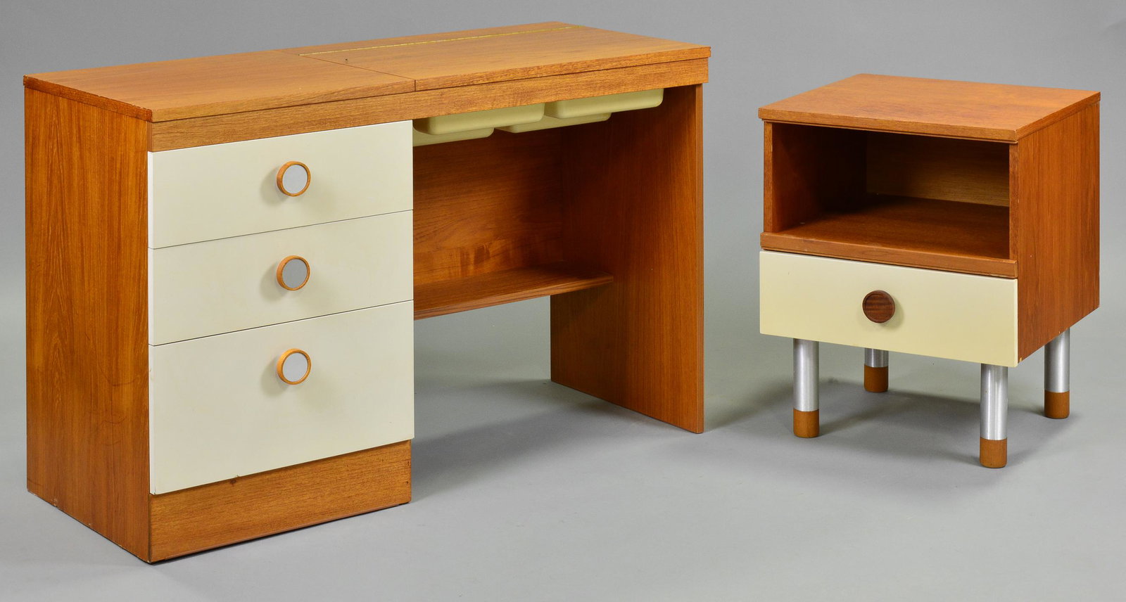 Mid Century Modern Dresser & Night Stand: Danish Modern Style Desk / Dresser ( 28 in tall x 43 x 19 kneehole is 25 in tall ) & Bedside Cabinet (23 in tall x 19 x 18 ) .