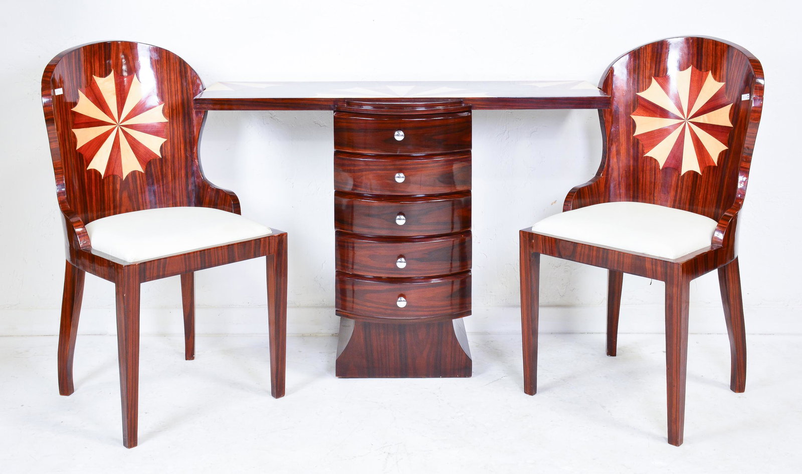 New Deco Style Console & Two Chairs: New Inlaid Art Deco Console with Drawers ( 34 in tall x 47 x 20 & Two Chairs (40 in tall x 20 x 22