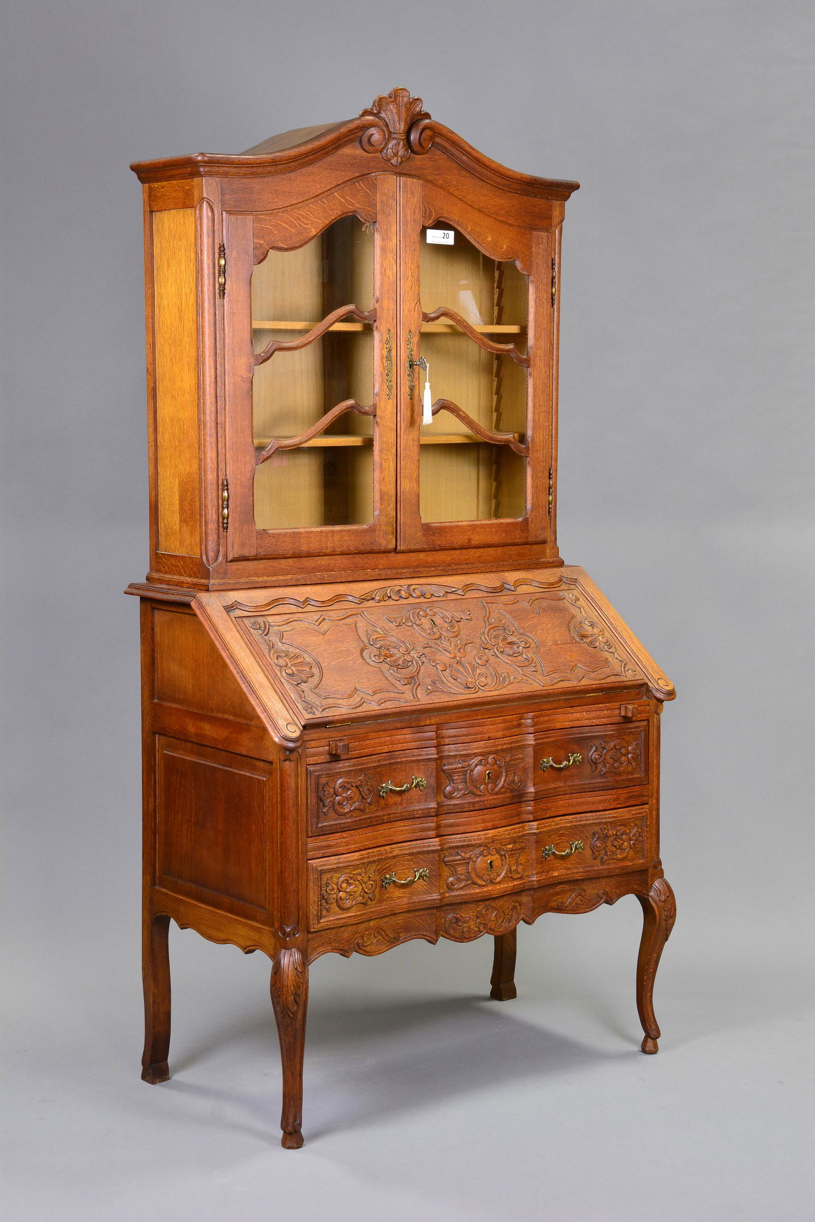 Country French Carved Oak Secretary Bookcase (1 of 6)