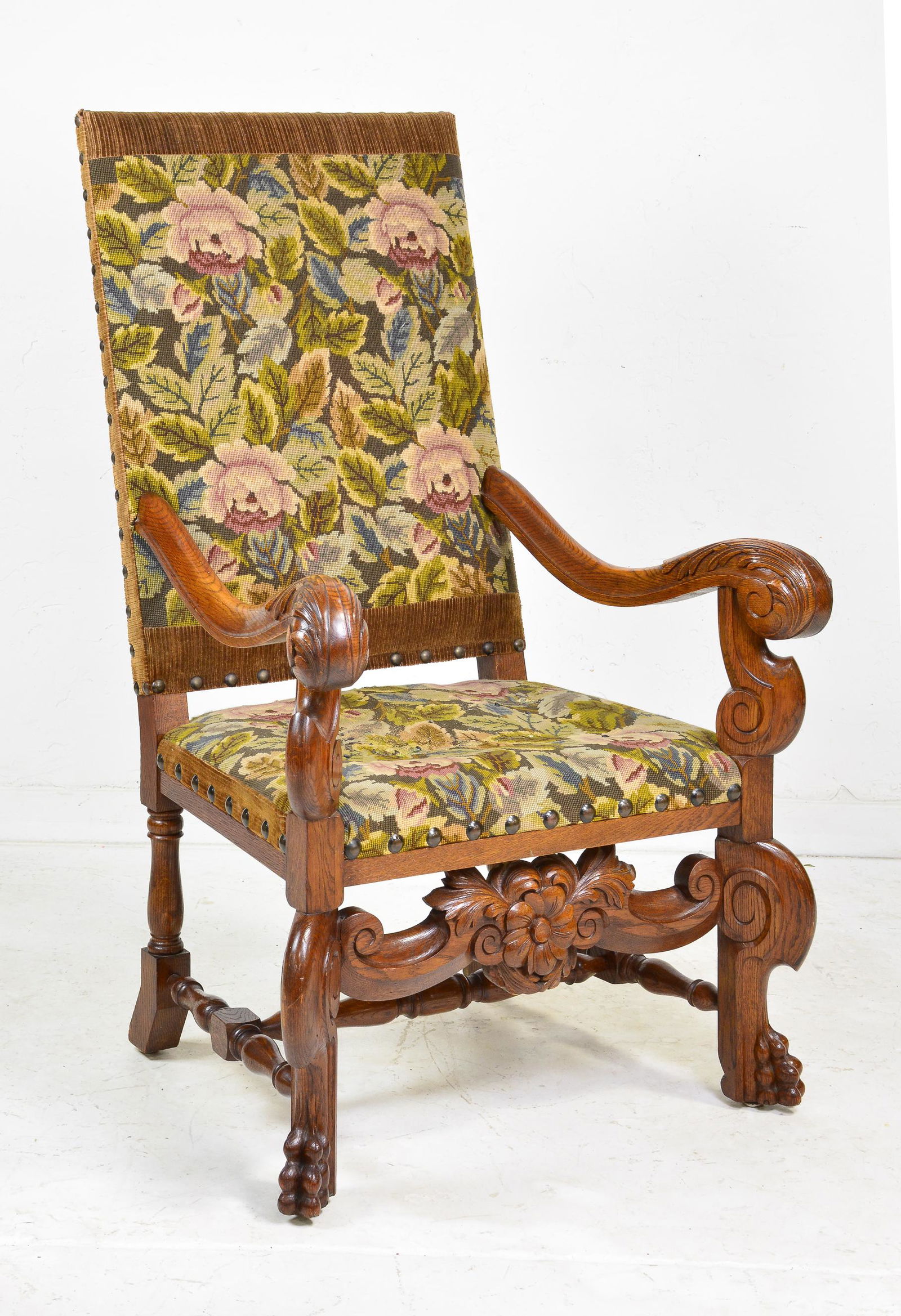 Needlepoint Carved Oak Fireside Arm Chair #1 (1 of 5)