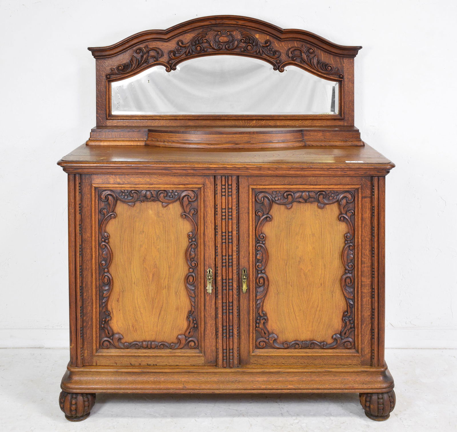 Carved Oak Mirror Back 2 Door Server (1 of 4)
