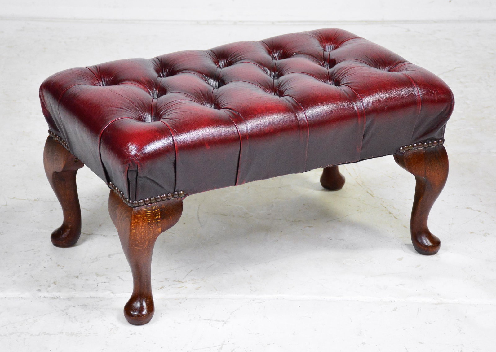 Oxblood Red Leather Chesterfield Stool: Red Ox Blood Leather Chesterfield Stool - 13 in tall x 26 x 16
