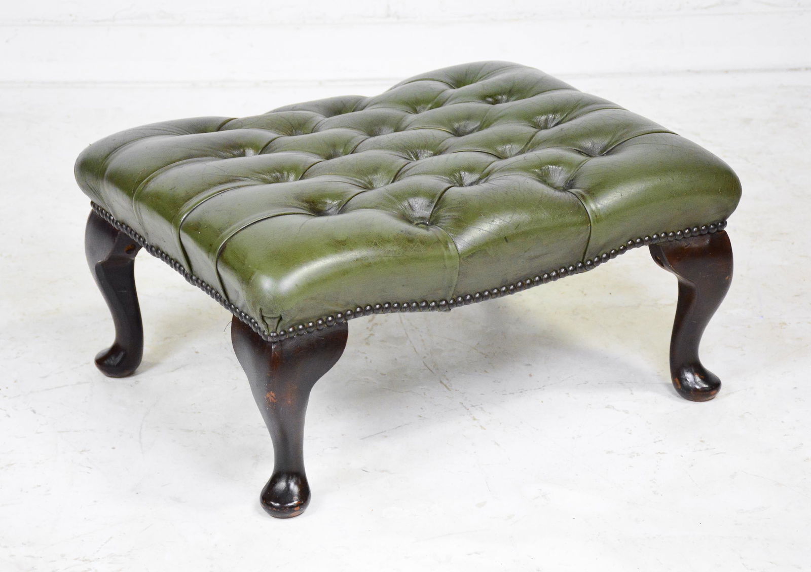 Green Leather Chesterfield Stool (1 of 2)
