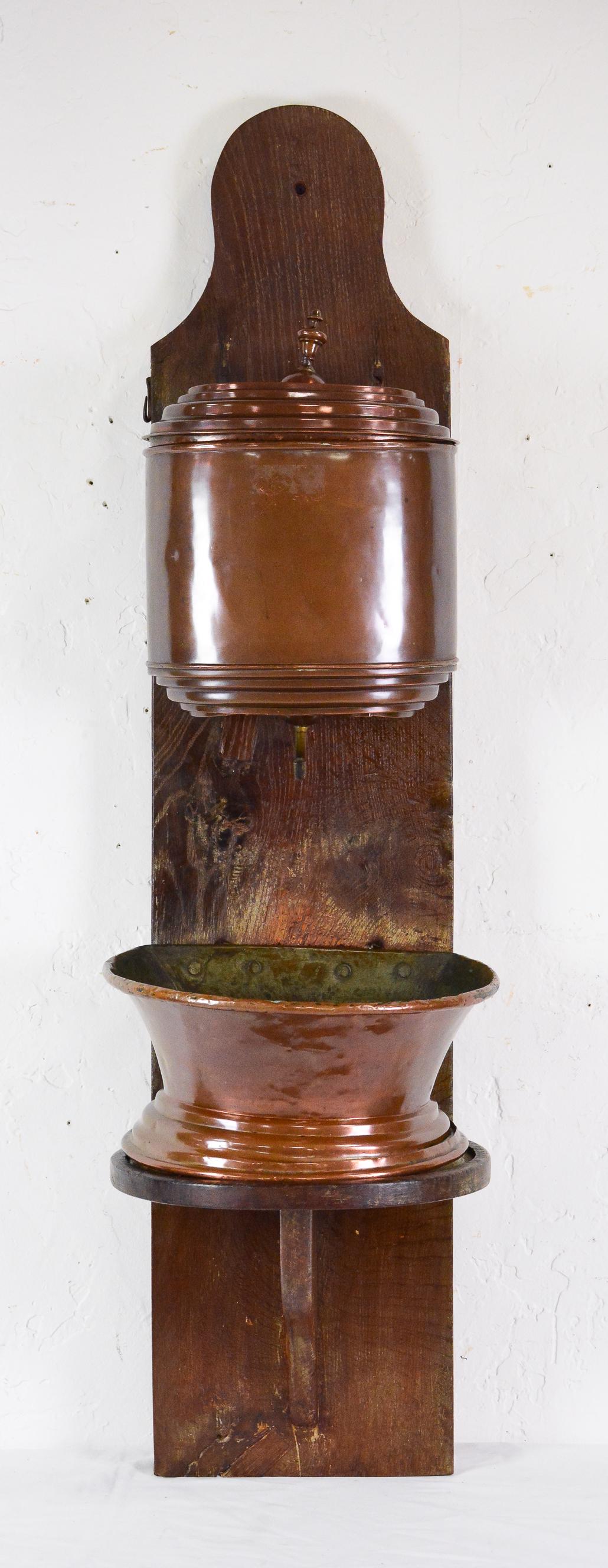 French Oak Mounted Copper Water Font: French Oak Mounted Copper Water Font - 53 in tall x 12 x 13