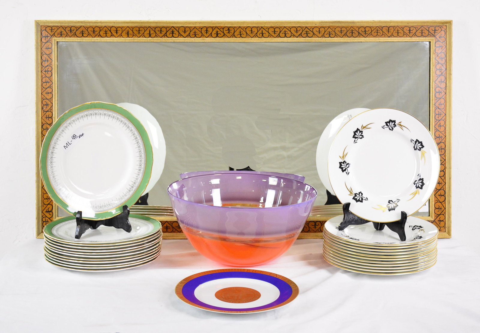 27pcs - Assorted China, Center Bowl & Mirror: 27pcs - Assorted China, Center Bowl & Mirror - Mirror is 25 in tall x 23 x 1