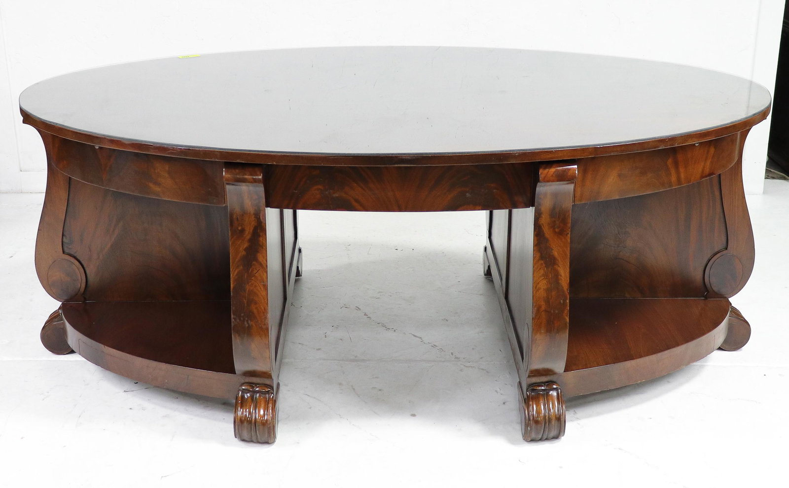 Oval Mahogany Desk with Glass Top: Oval Mahogany Desk with Glass Top - 30 in tall x 79 x 49