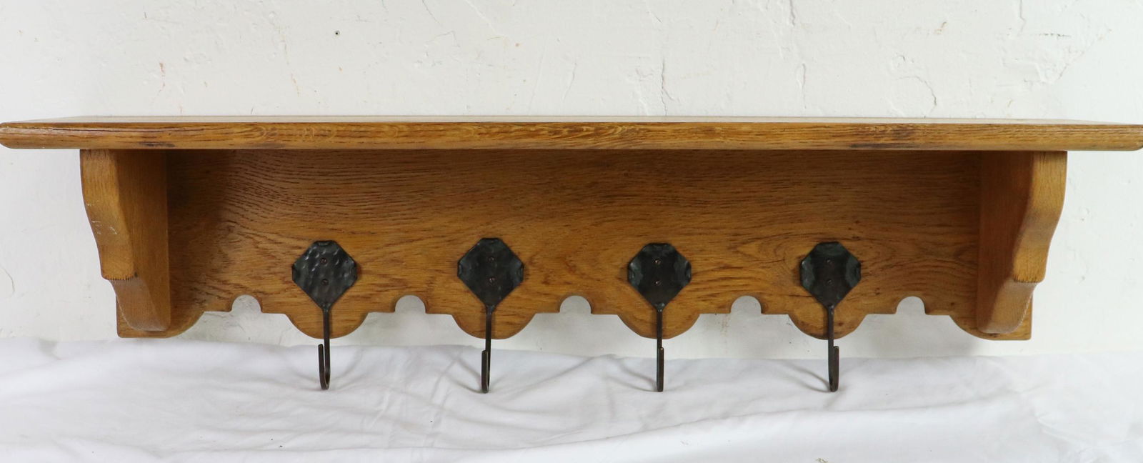 Ranch Oak Style European Wall Shelf With Hooks: Ranch Oak Style European Wall Shelf With Hooks - 9 in tall x 37 x 9