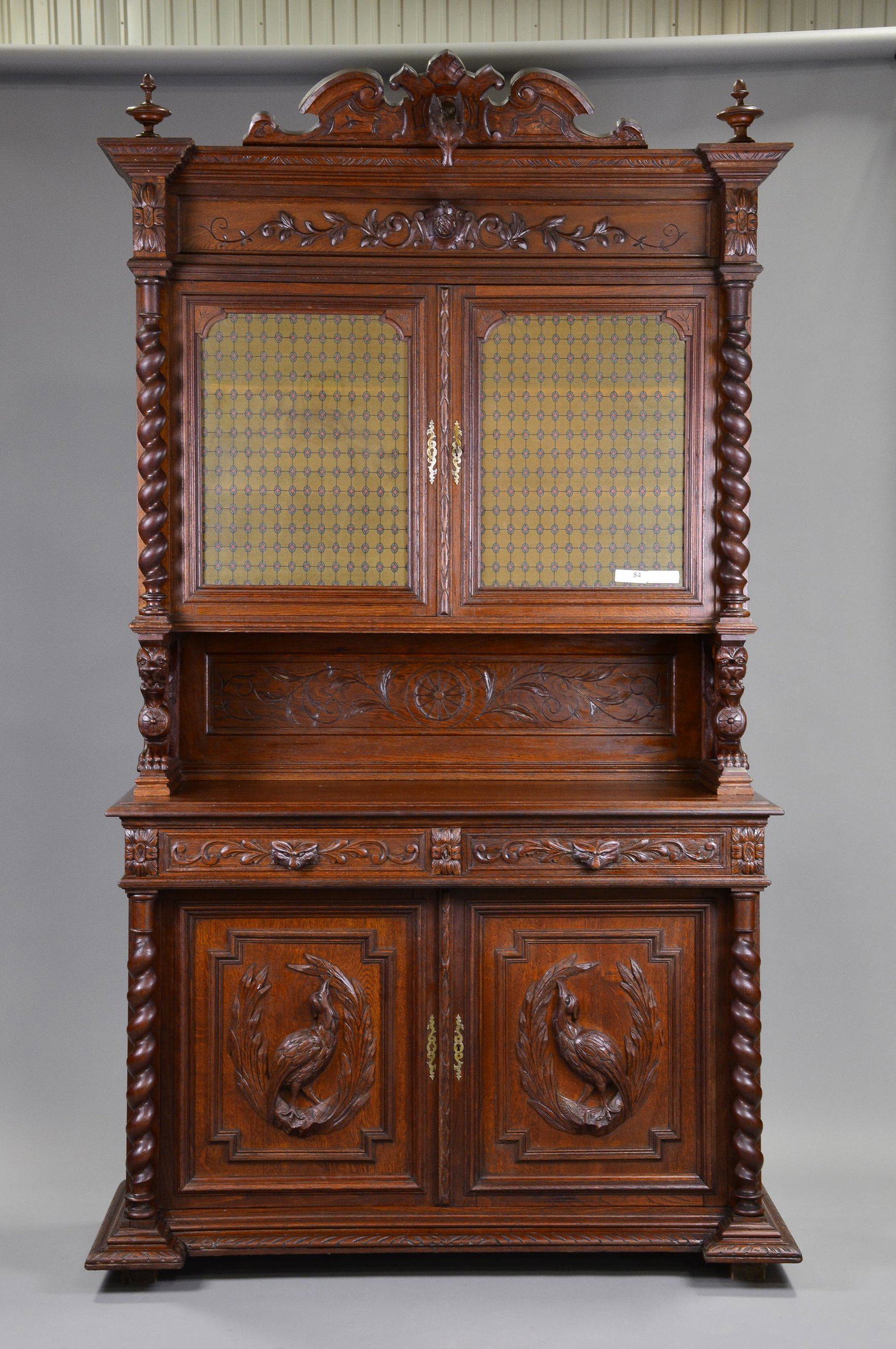 Louis XIII Style Carved Barley Twist Double Buffet: French Louis XIII Style Carved Hunt Barley Twist Double Buffet - 99 in tall x 55 x 23