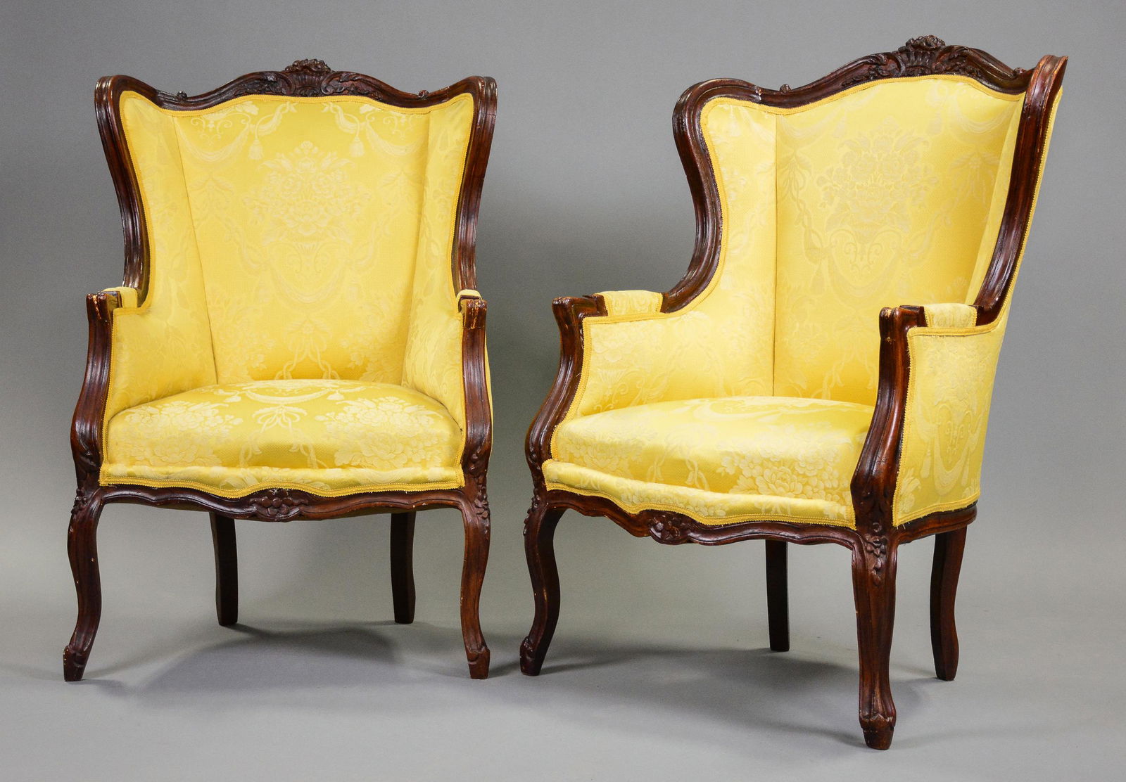 Pair Louis XV Style Upholstered Wing Back Chairs (1 of 6)