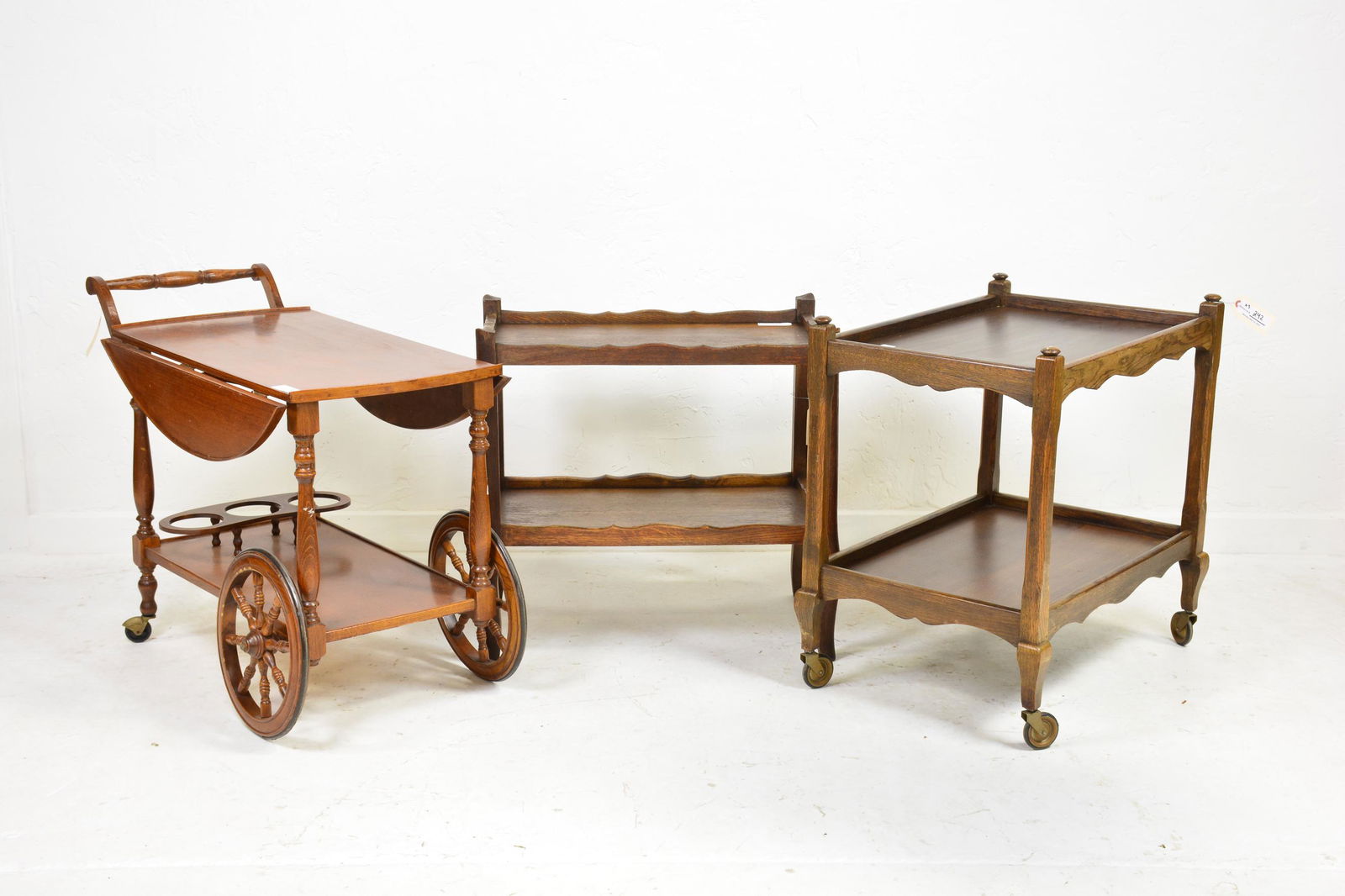 2 French Bar Carts & Oak 2 Tier Table: 2 French Bar Carts & Oak 2 Tier Table - Largest is 28 in tall x 36 x 18