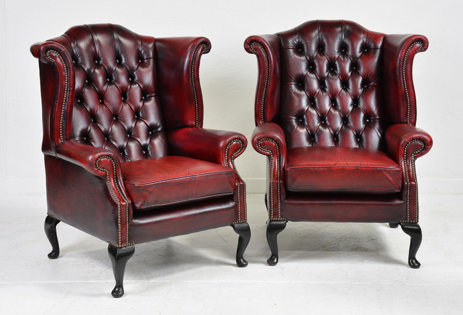 Pair Leather Button Tufted Wingback Armchairs (1 of 6)