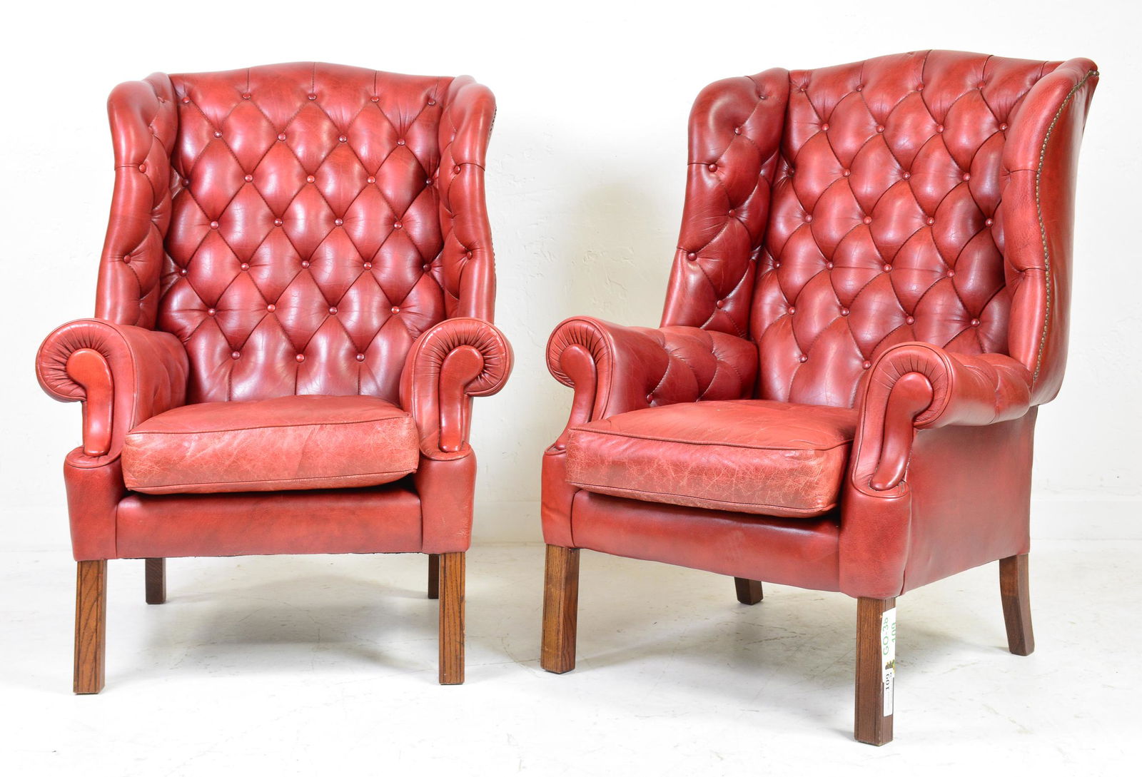 Pair Leather Button Tufted Wingback Armchairs (1 of 6)