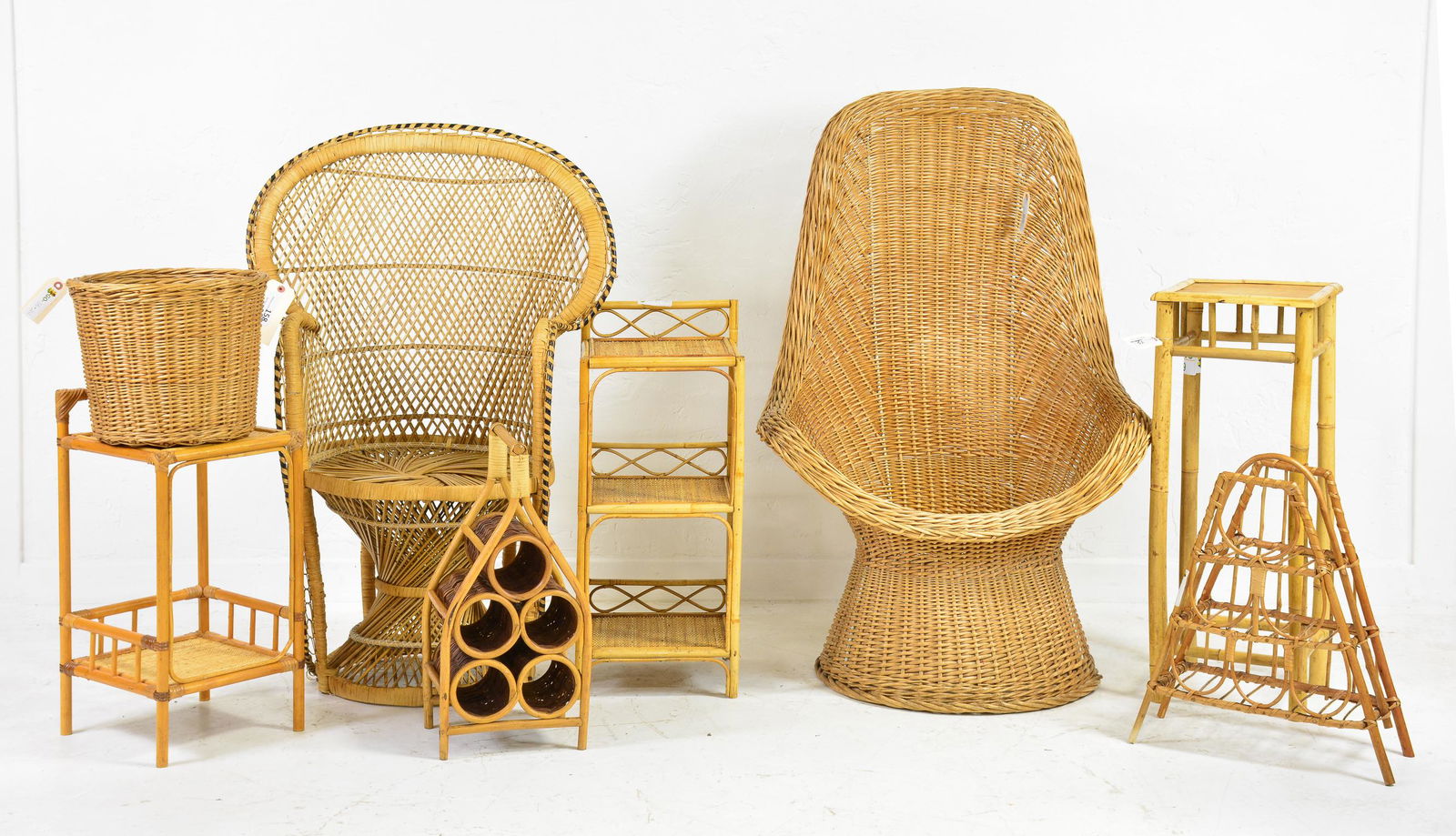 8 pcs of Vintage Wicker, Rattan & Bamboo: 8 Piece Collection of Mid Century Modern / Tiki Bar Style Wicker, Rattan & Bamboo Items - 2 Chairs, 2 Wine Racks, 3 Stands, & a Basket - Tallest Item is 44 int all x 29 x 19