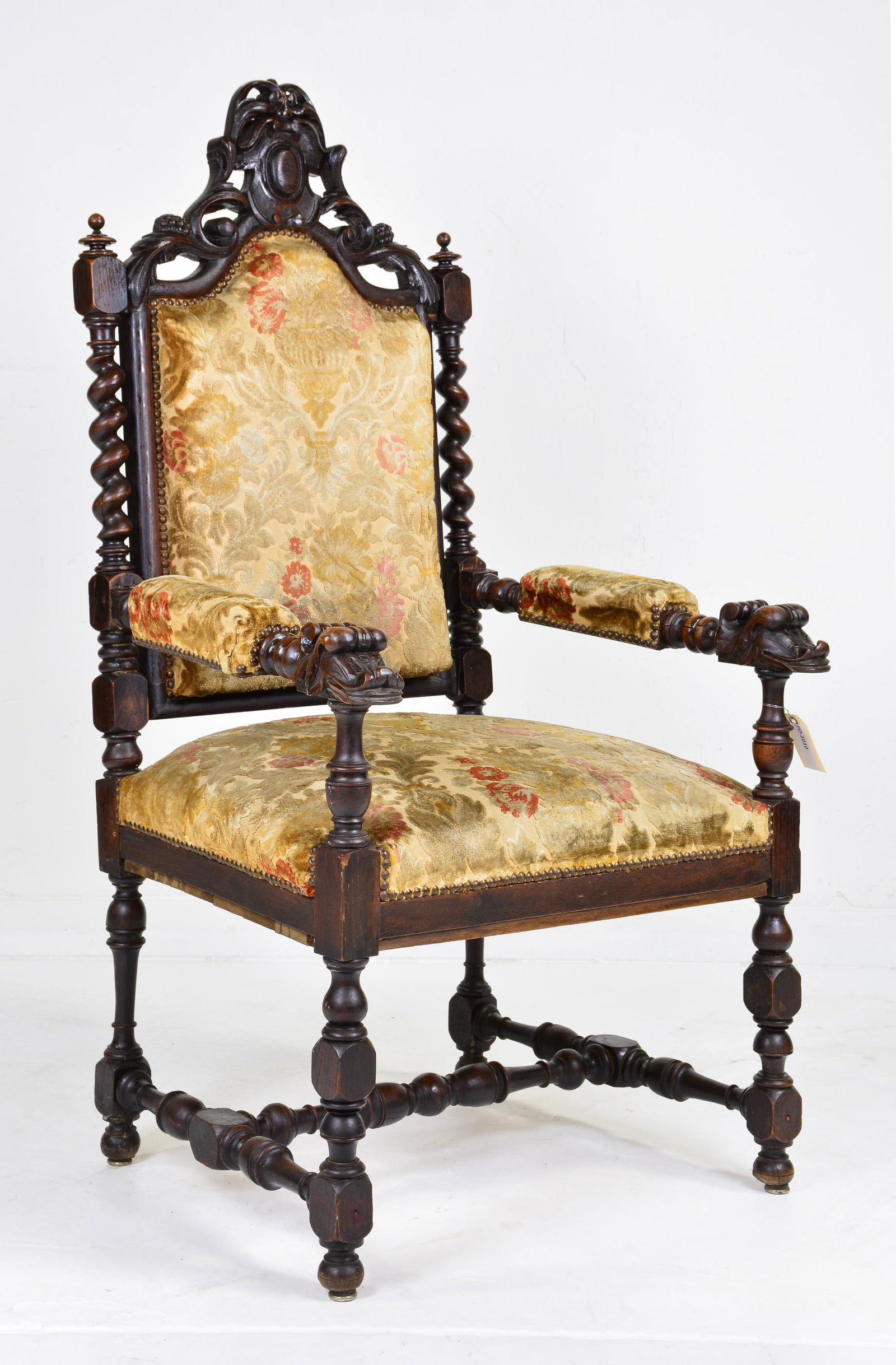 Louis XIII Style Carved Barley Twist Arm Chair: French Louis XIII Style Carved Oak Barley Twist Fireside Chair - 53 in tall x 29 x 28