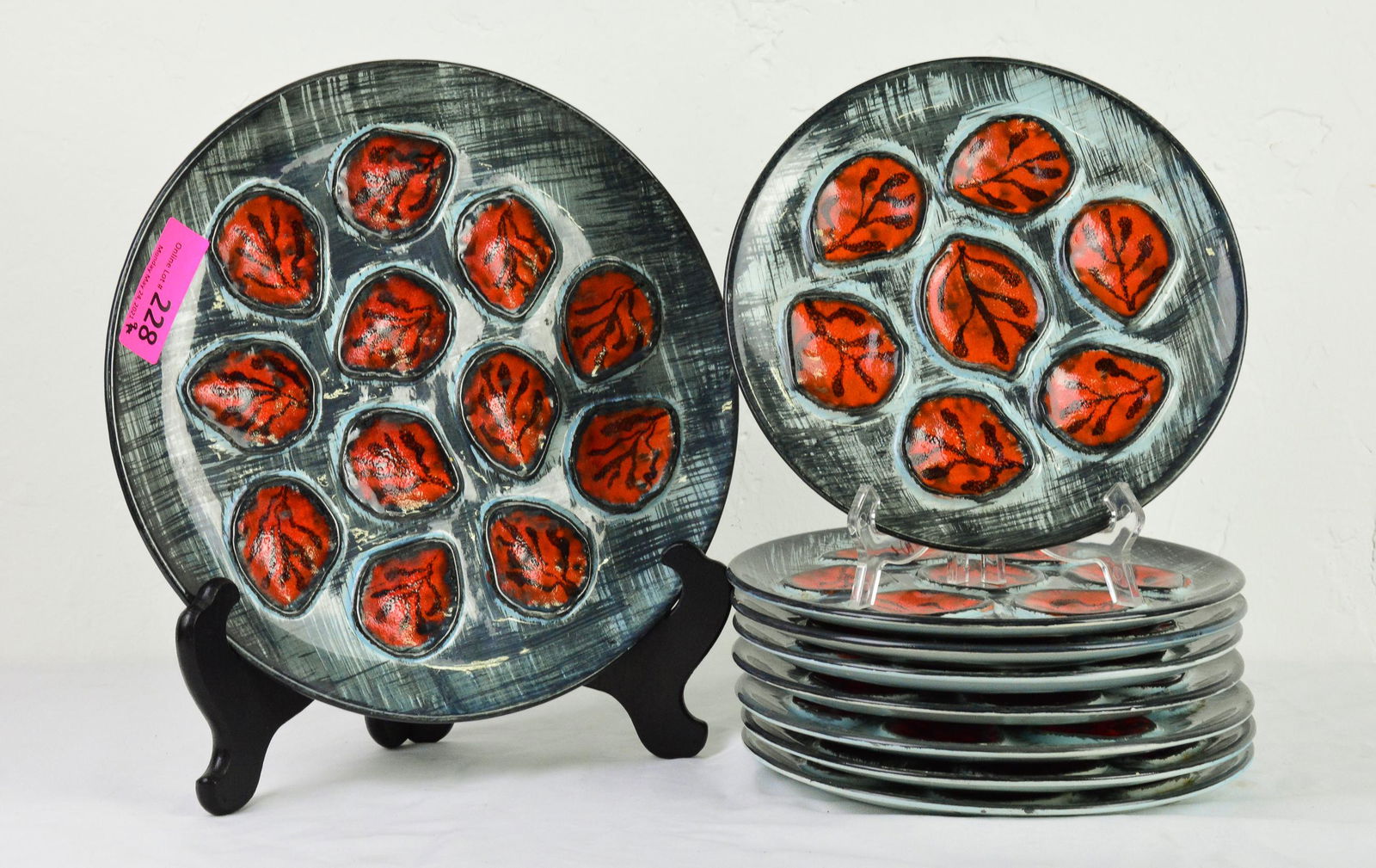 9 Piece Set of Red and Gray Oyster Plates (1 of 2)