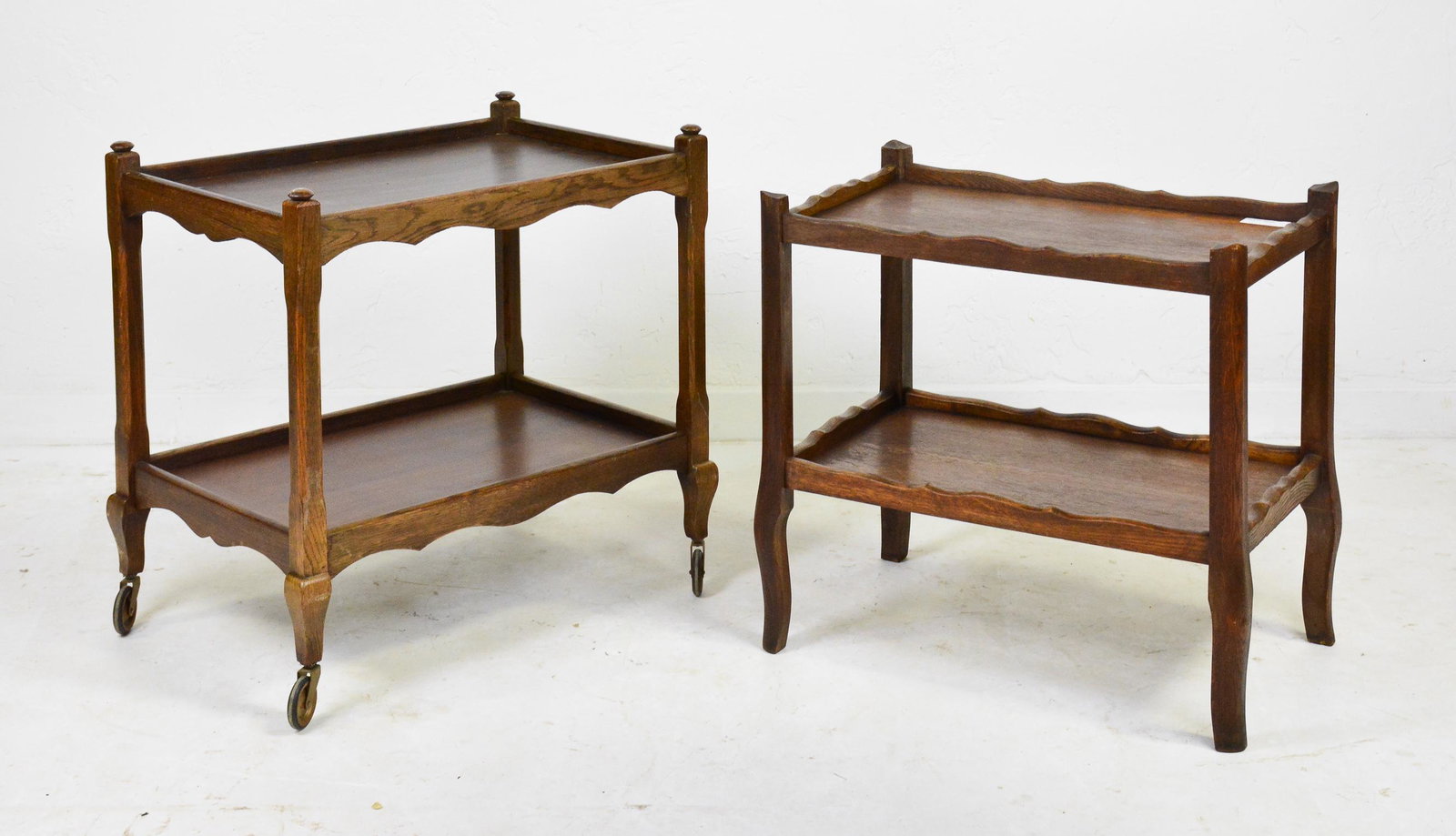 2 French Bar Carts & Oak 2 Tier Table: 2 French Bar Carts & Oak 2 Tier Table - Largest is 28 in tall x 36 x 18