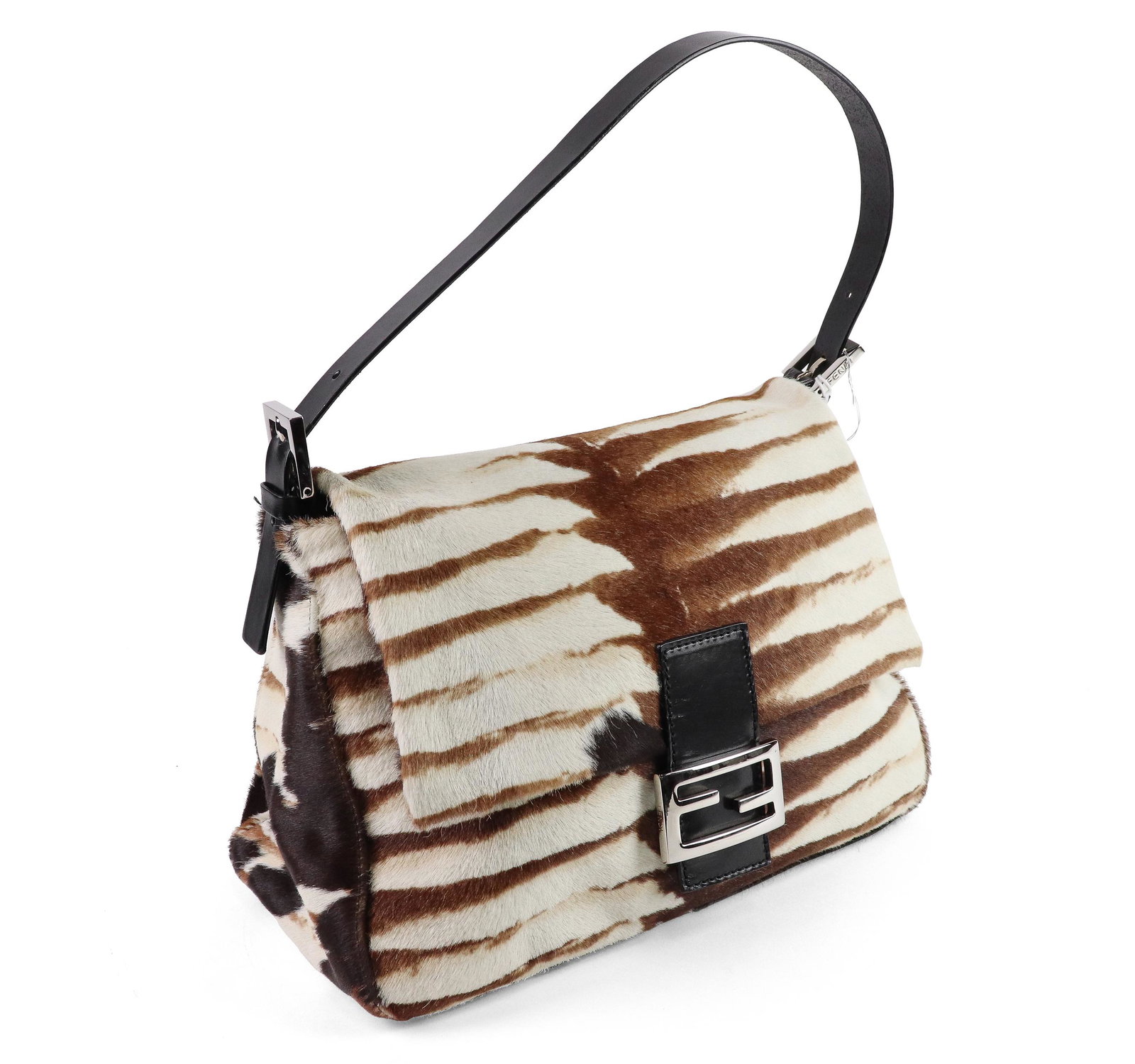 Fendi Mama Baguette in Black Ponyhair Print Leather: Genuine Pre-Owned Fendi Mama Baguette in Brown/Black Ponyhair Print Leather in A condition. Date Code is 2288-26325-009 Measurements: 29*20*12cm (Length * Height * Width). This lot includes a certific