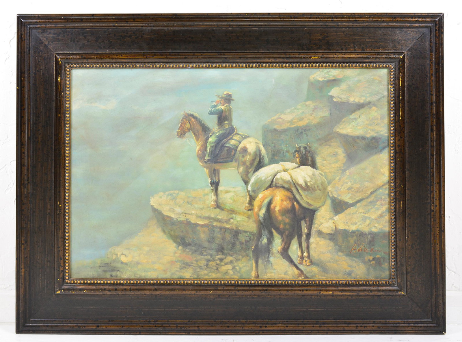Framed Oil On Canvas - 2 Horses & Cowboy (1 of 3)
