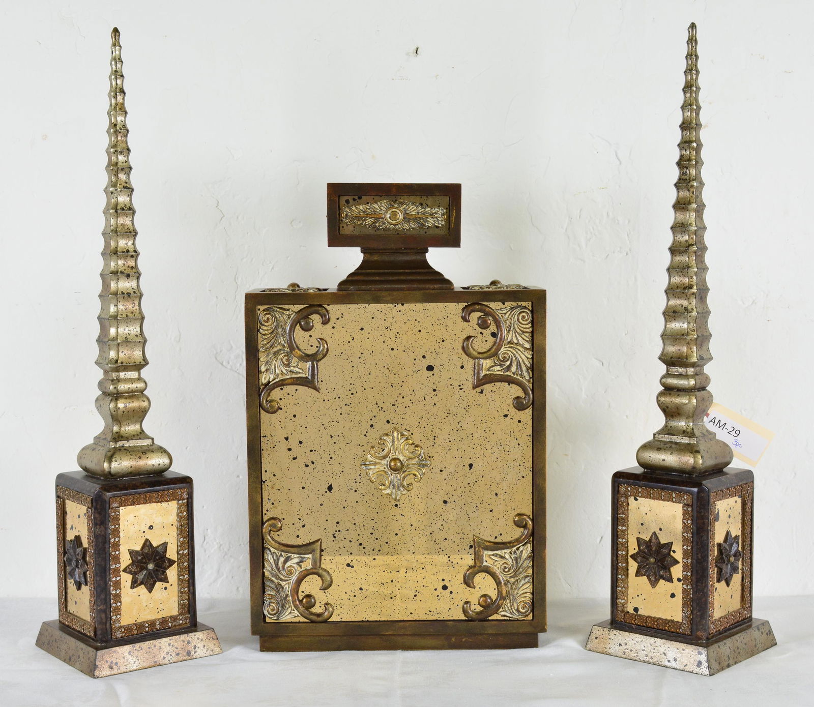 2 Decorative Obelisks & a Rectangular Mirrored Jar: 2 Decorative Obelisks & a Rectangular Mirrored Jar - tallest item is 25 inches