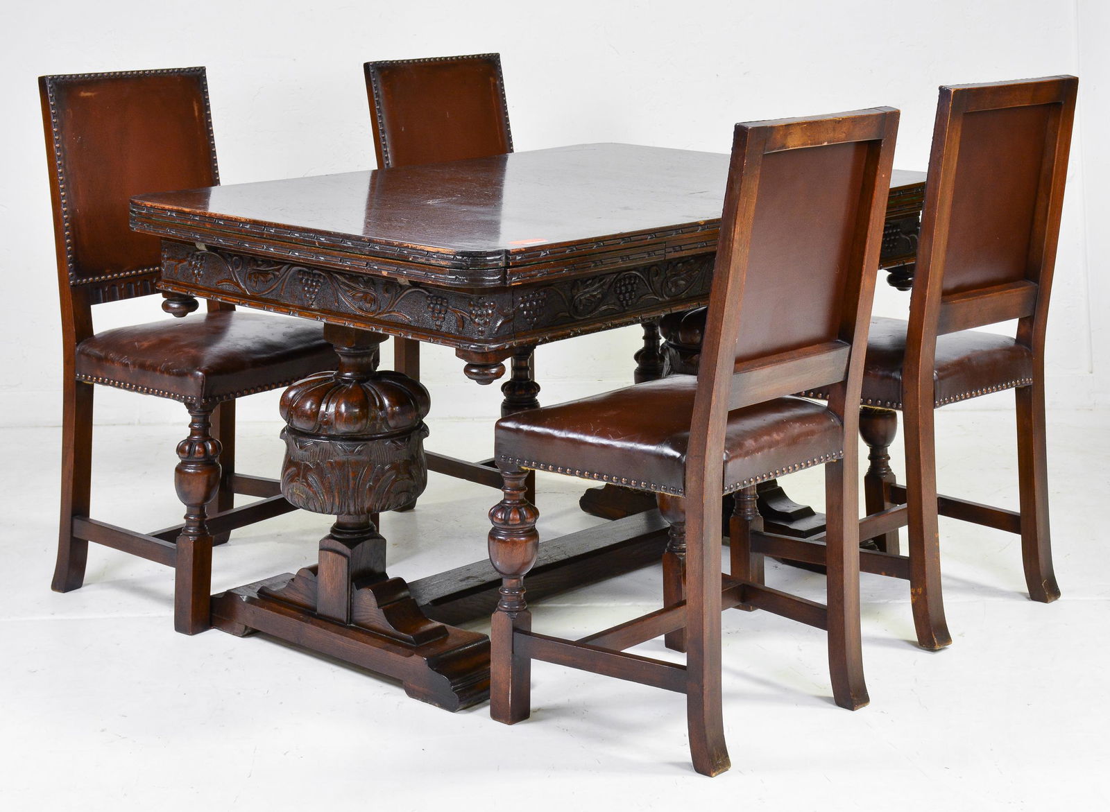 English Carved Oak Table & 4 Leather Chairs (1 of 9)