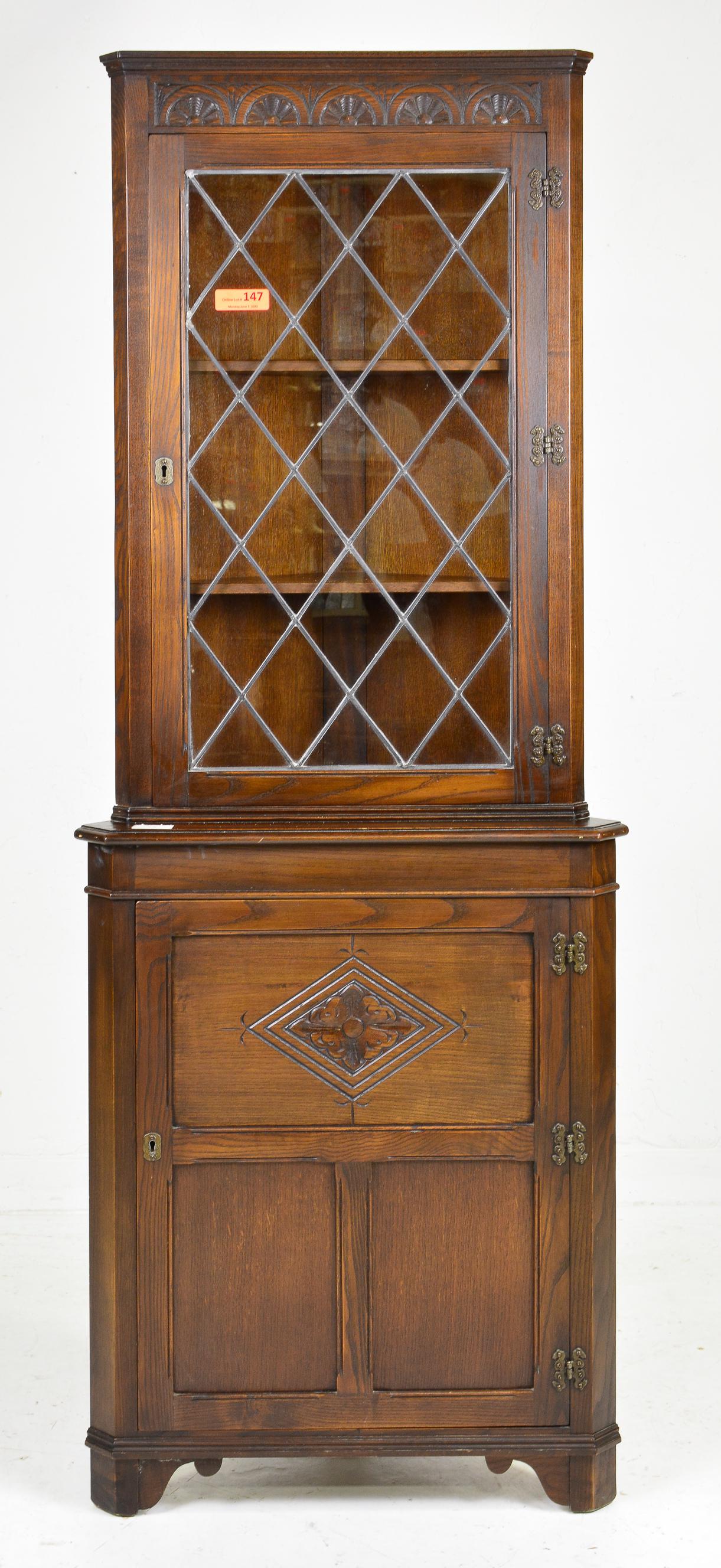 British Oak Leaded Glass Corner Cabinet #2 (1 of 2)