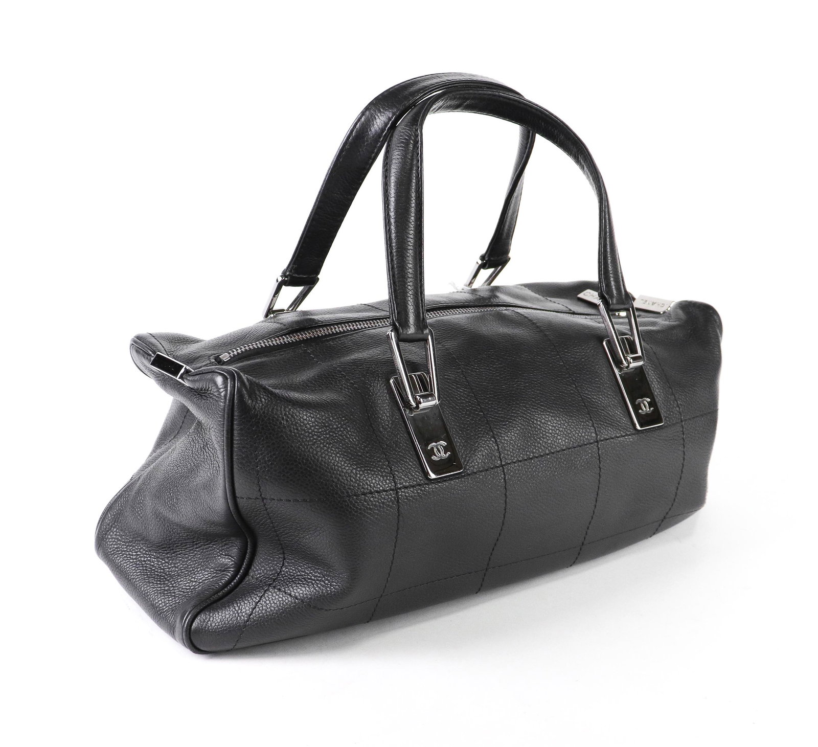 Chanel Chocolate Bar Duffle - Quilted Caviar Leather: Genuine Pre-Owned Chanel Chocolate Bar Duffle in Black Chocolate Bar Quilted Caviar Leather in A condition. Date Code is **49186 This lot includes the following accessories: . Measurements: 37*10*17cm