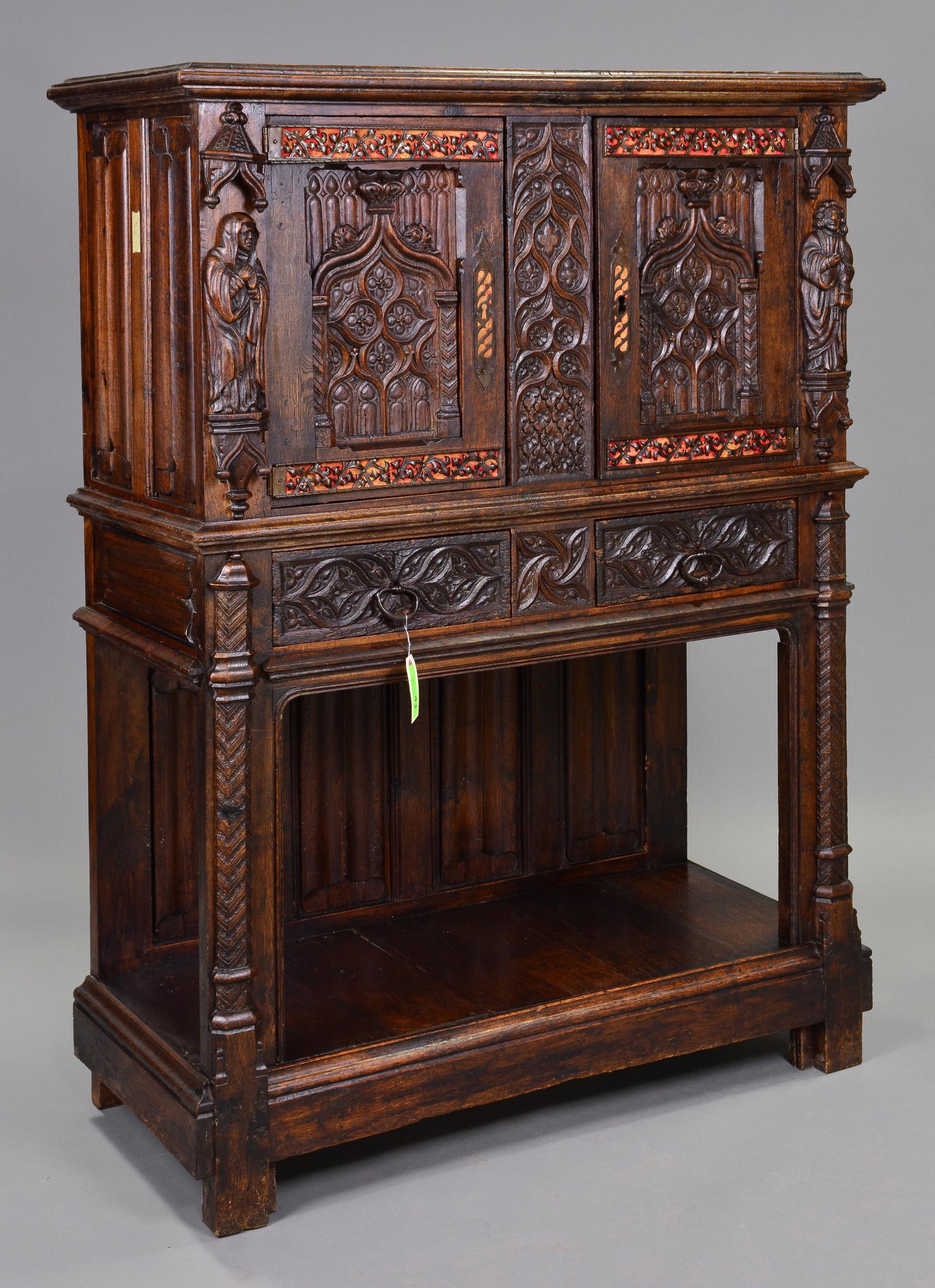 Gothic Carved Oak Creedence Cupboard: Gothic Carved Oak Creedence Cupboard - 58 in tall x 42 x 19