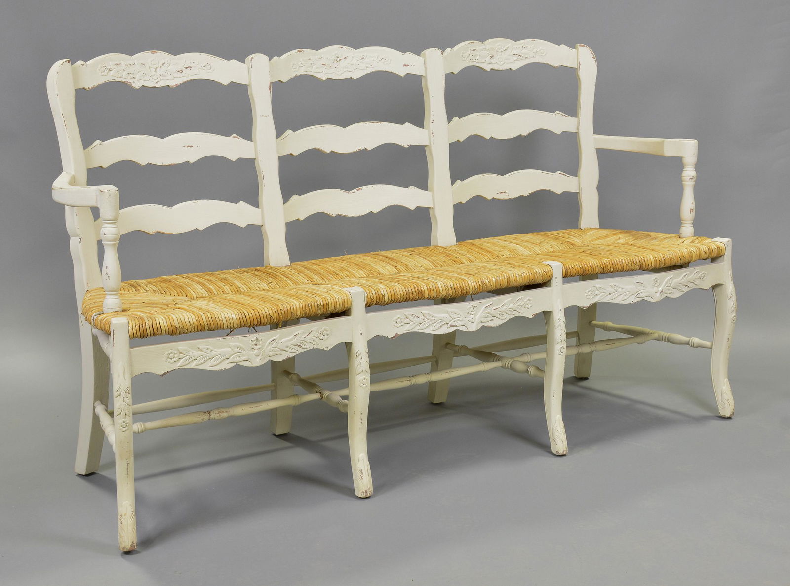 Painted Country French Rush Seat 3 Seater Bench (1 of 3)