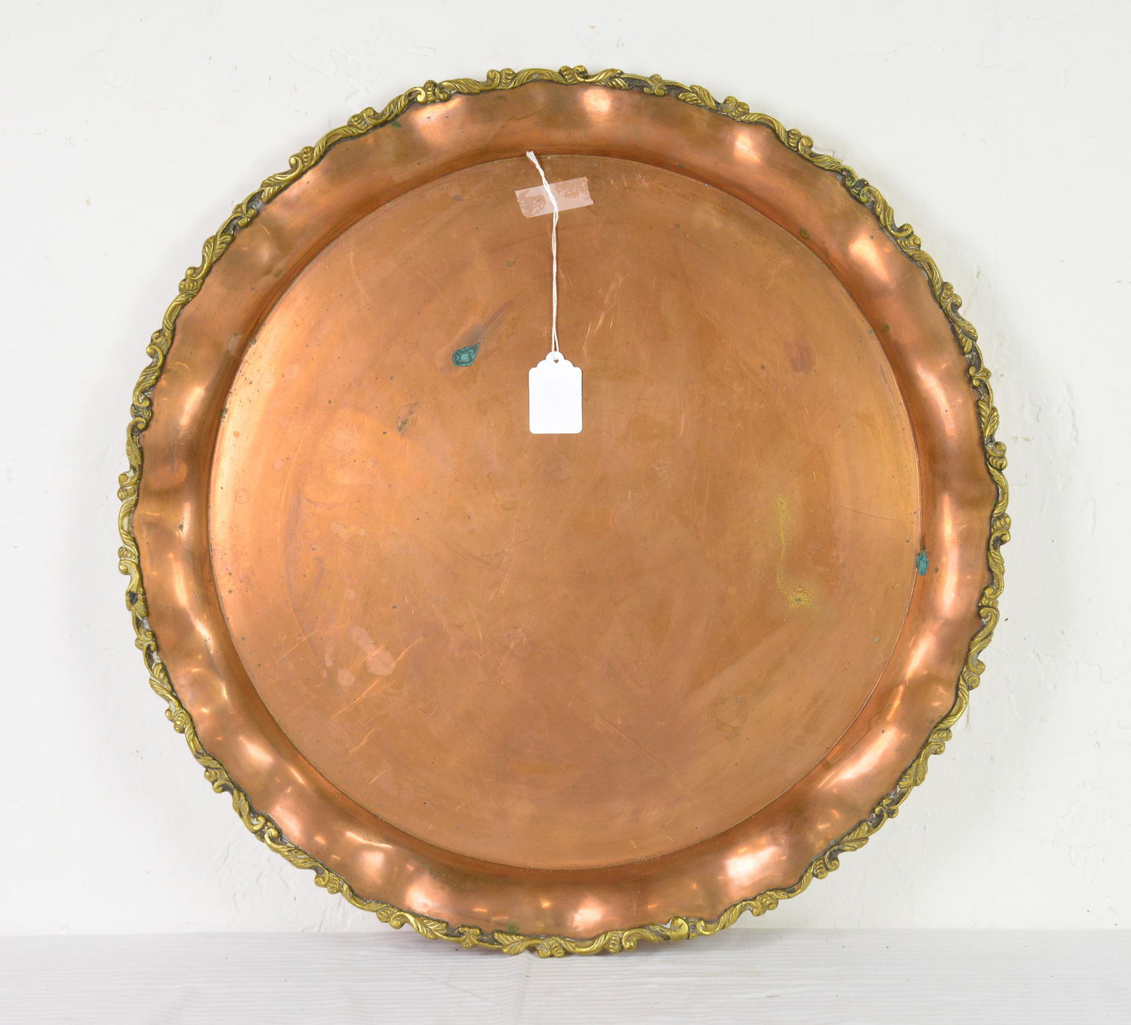 Heavy Round Copper Tray With Brass Scalloped Edge (1 of 3)