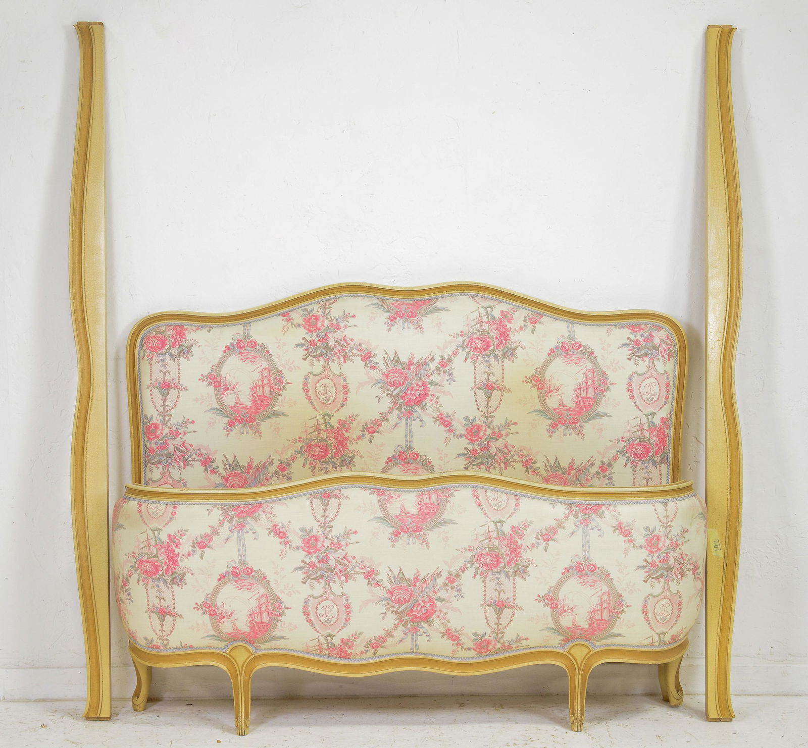 Louis XV Style Upholstered Painted Bed With Rails: French Louis XV Style Upholstered Painted Bed with Rails - Headboard is 46 in tall x 58 x 3, Rails are 72 inches long each - This bed is a European Size which can easily be converted to an American si