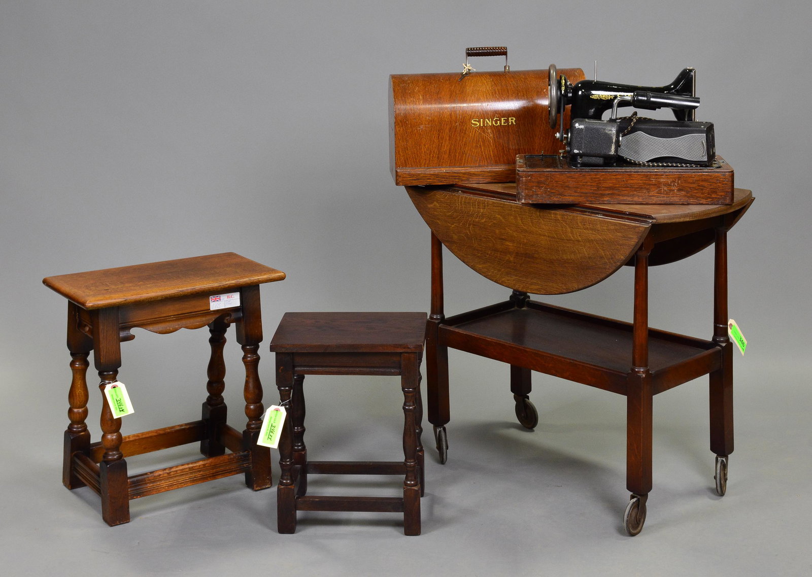 2 British Stools, Cart & Sewing Machine: 2 British Stools, Cart & Sewing Machine - 26 in tall x 31 x 156
